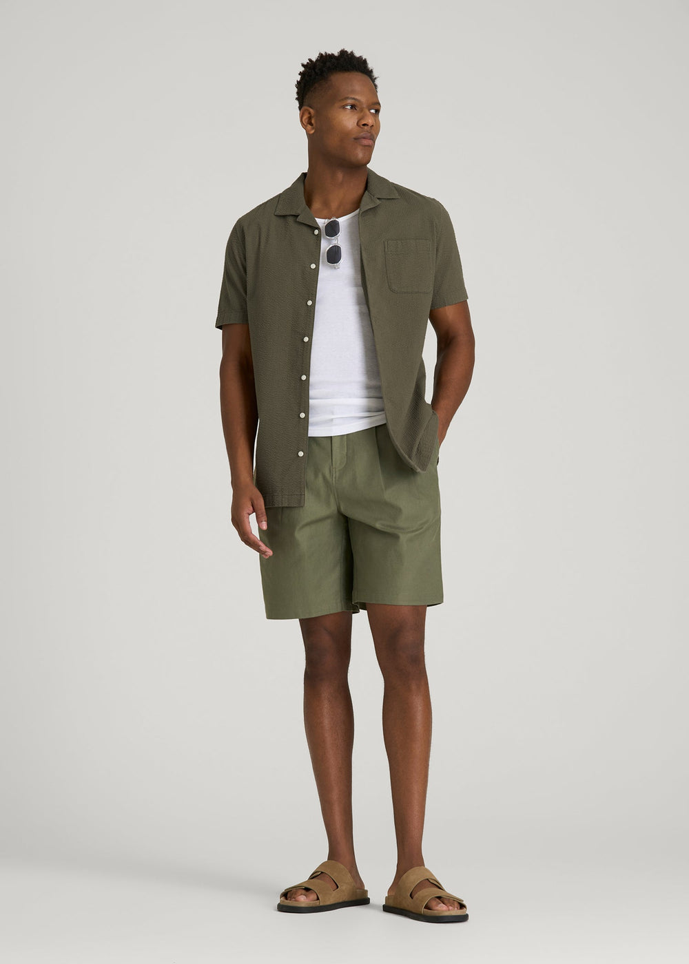 American Tall Online | Seersucker Camp Collar Short Sleeve Shirt for Tall Men in Olive