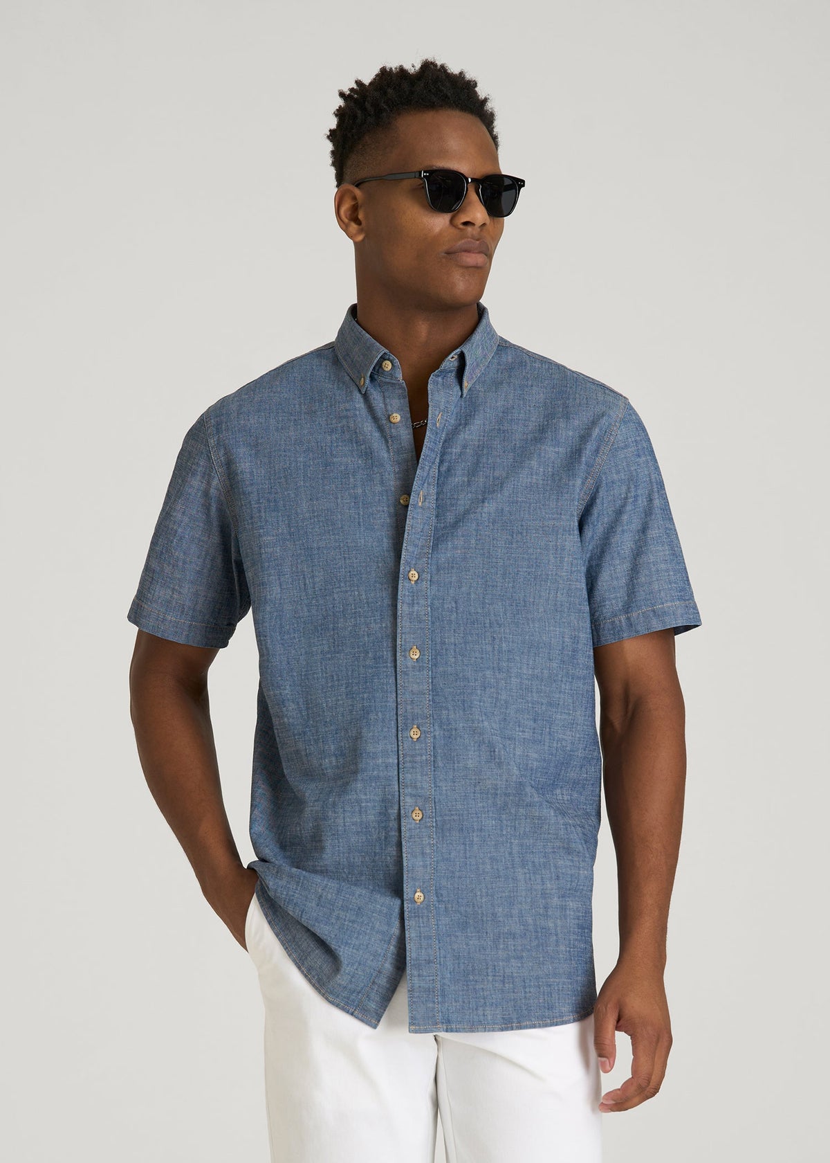 American Tall Sale | Short Sleeve Chambray Shirt for Tall Men in Mid Blue Chambray