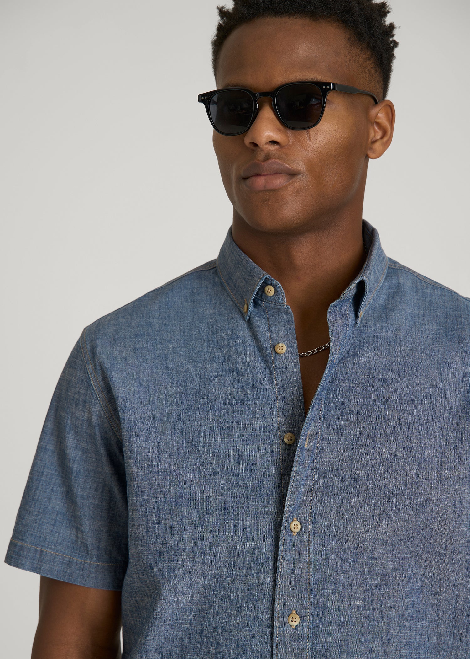 American Tall Sale | Short Sleeve Chambray Shirt for Tall Men in Mid Blue Chambray