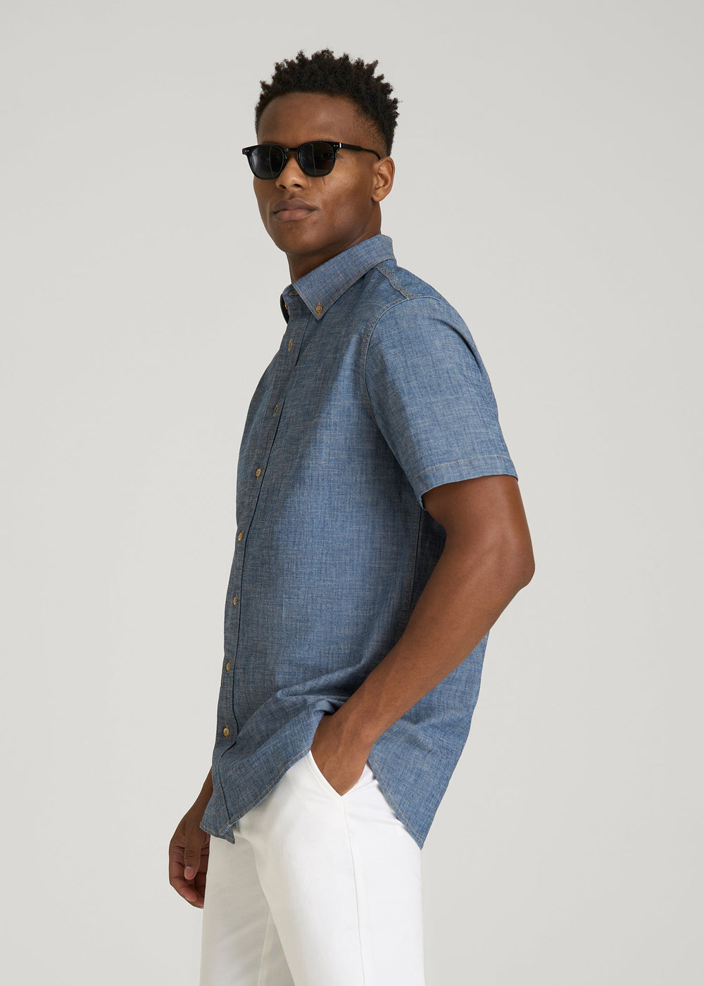 American Tall Sale | Short Sleeve Chambray Shirt for Tall Men in Mid Blue Chambray