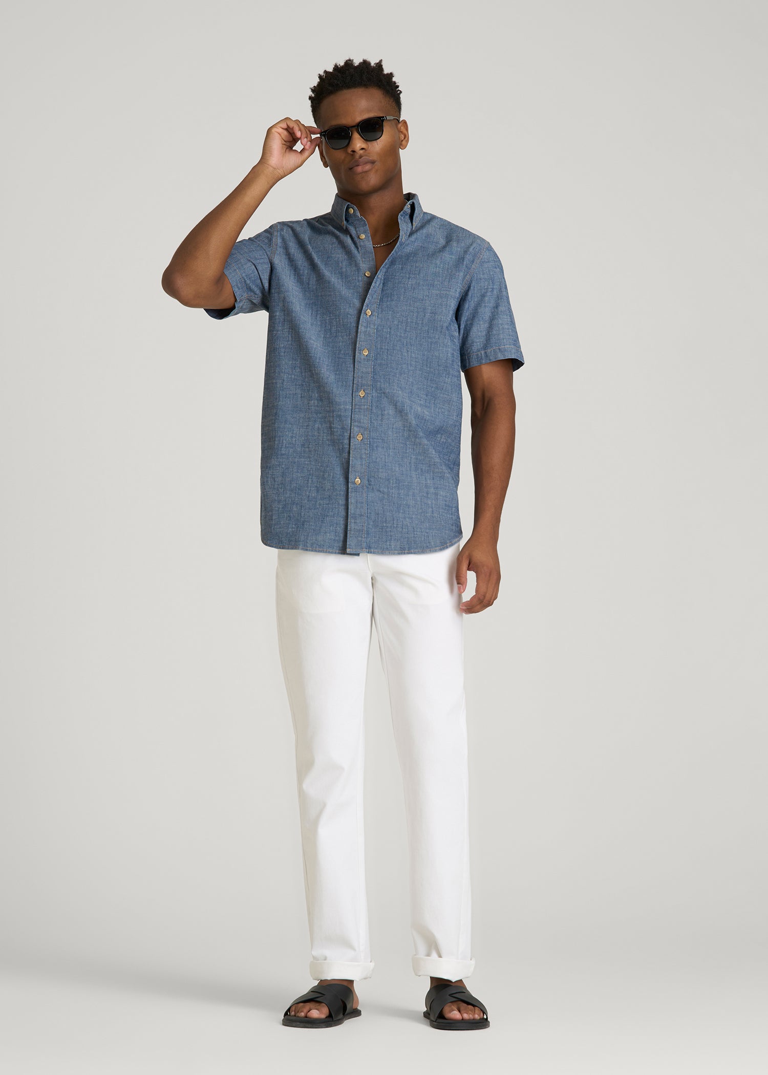 American Tall Sale | Short Sleeve Chambray Shirt for Tall Men in Mid Blue Chambray