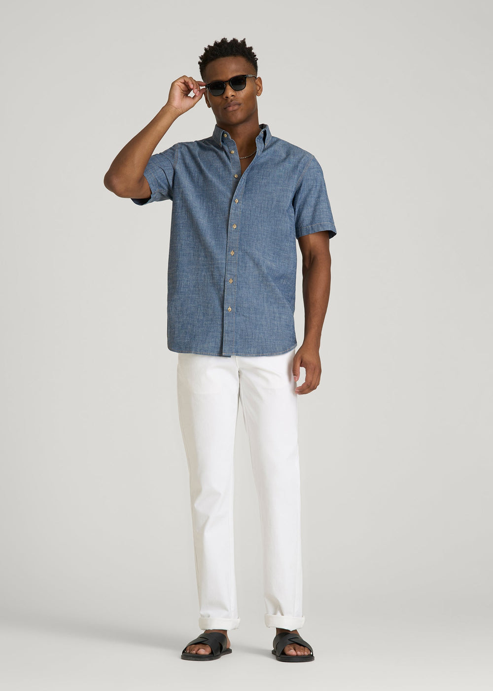 American Tall Sale | Short Sleeve Chambray Shirt for Tall Men in Mid Blue Chambray