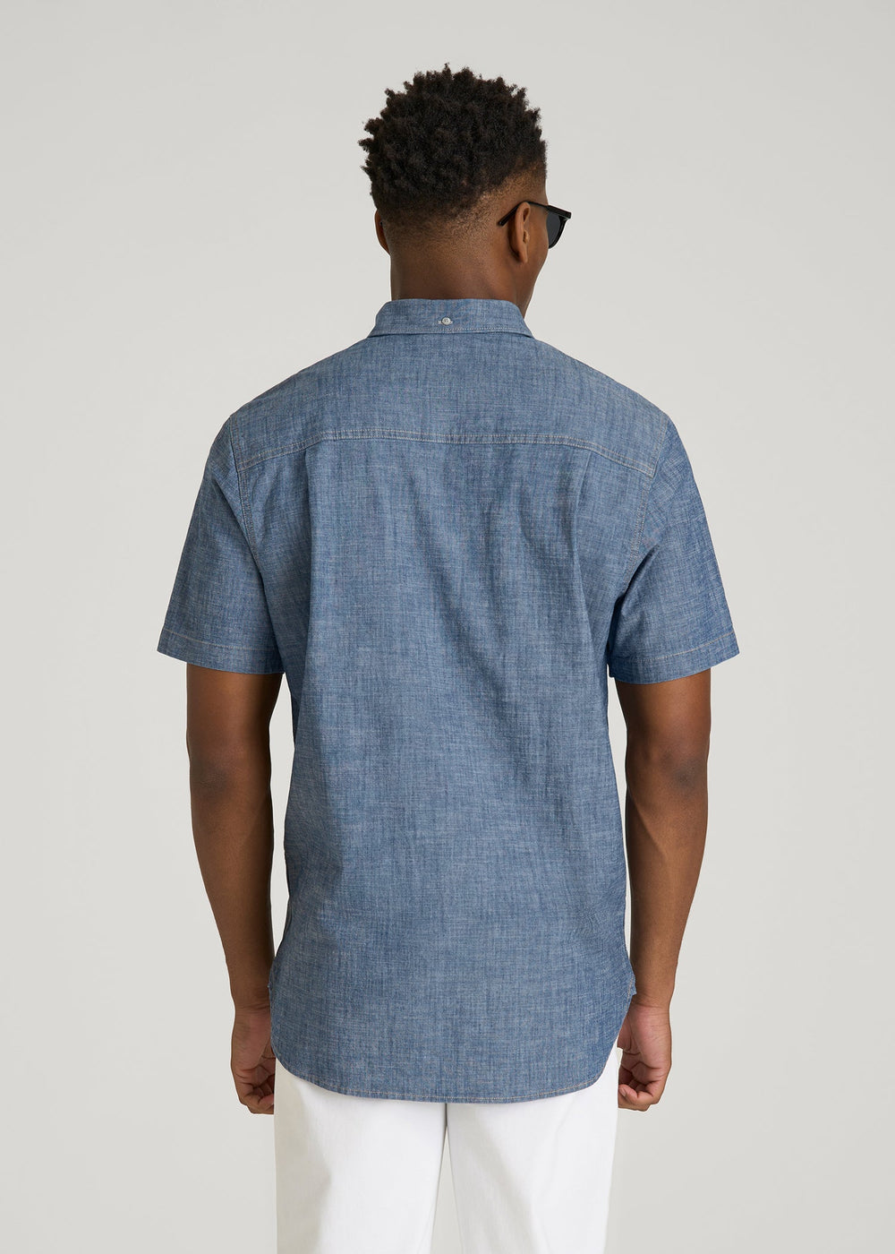 American Tall Sale | Short Sleeve Chambray Shirt for Tall Men in Mid Blue Chambray