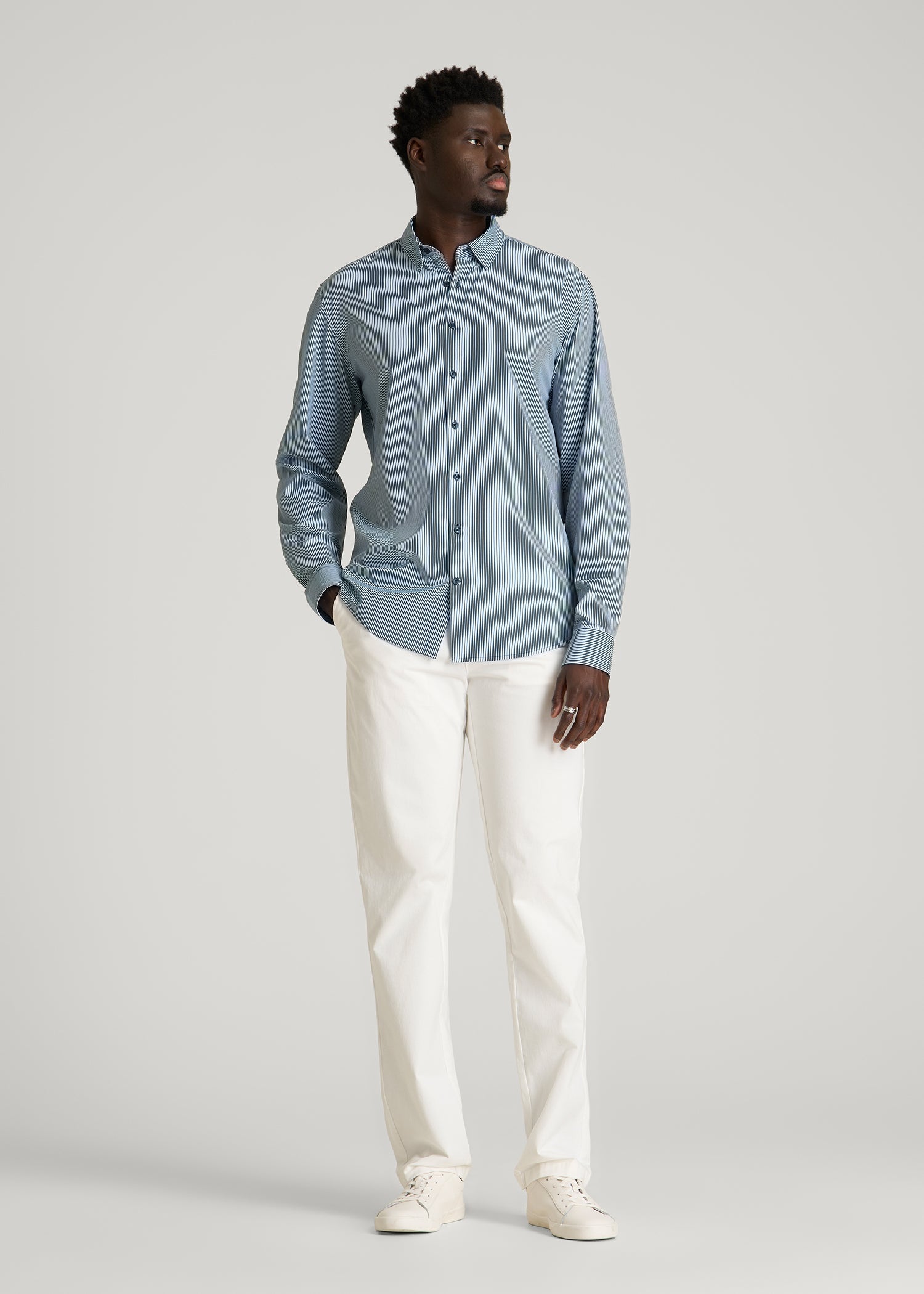 American Tall Online | Traveler Stretch Dress Shirt for Tall Men in Royal Navy Stripe