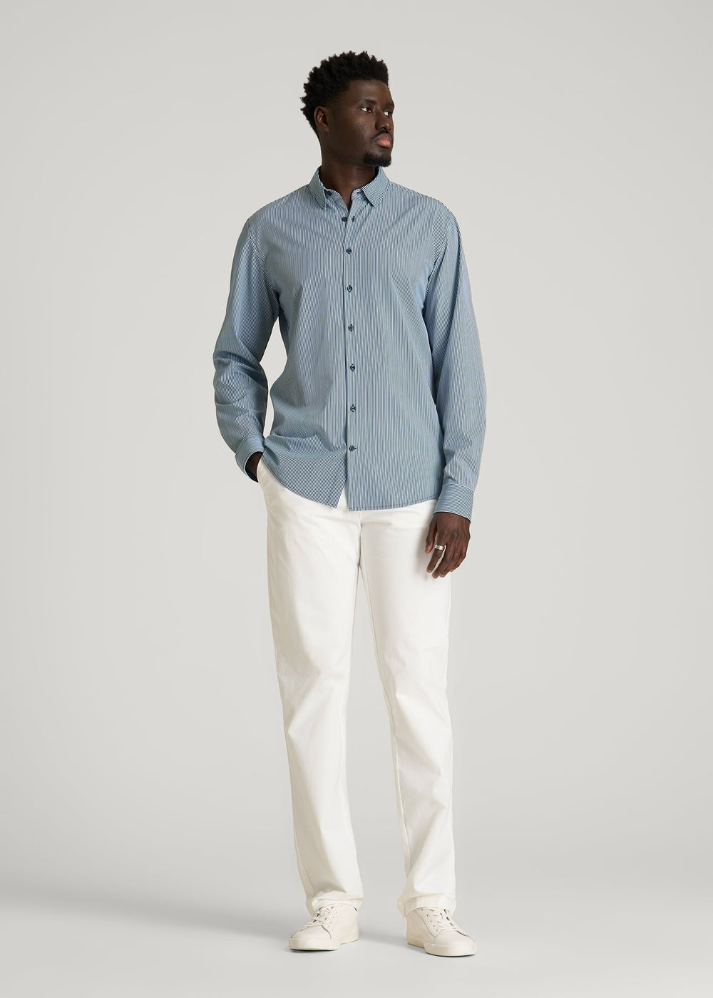 American Tall Online | Traveler Stretch Dress Shirt for Tall Men in Royal Navy Stripe