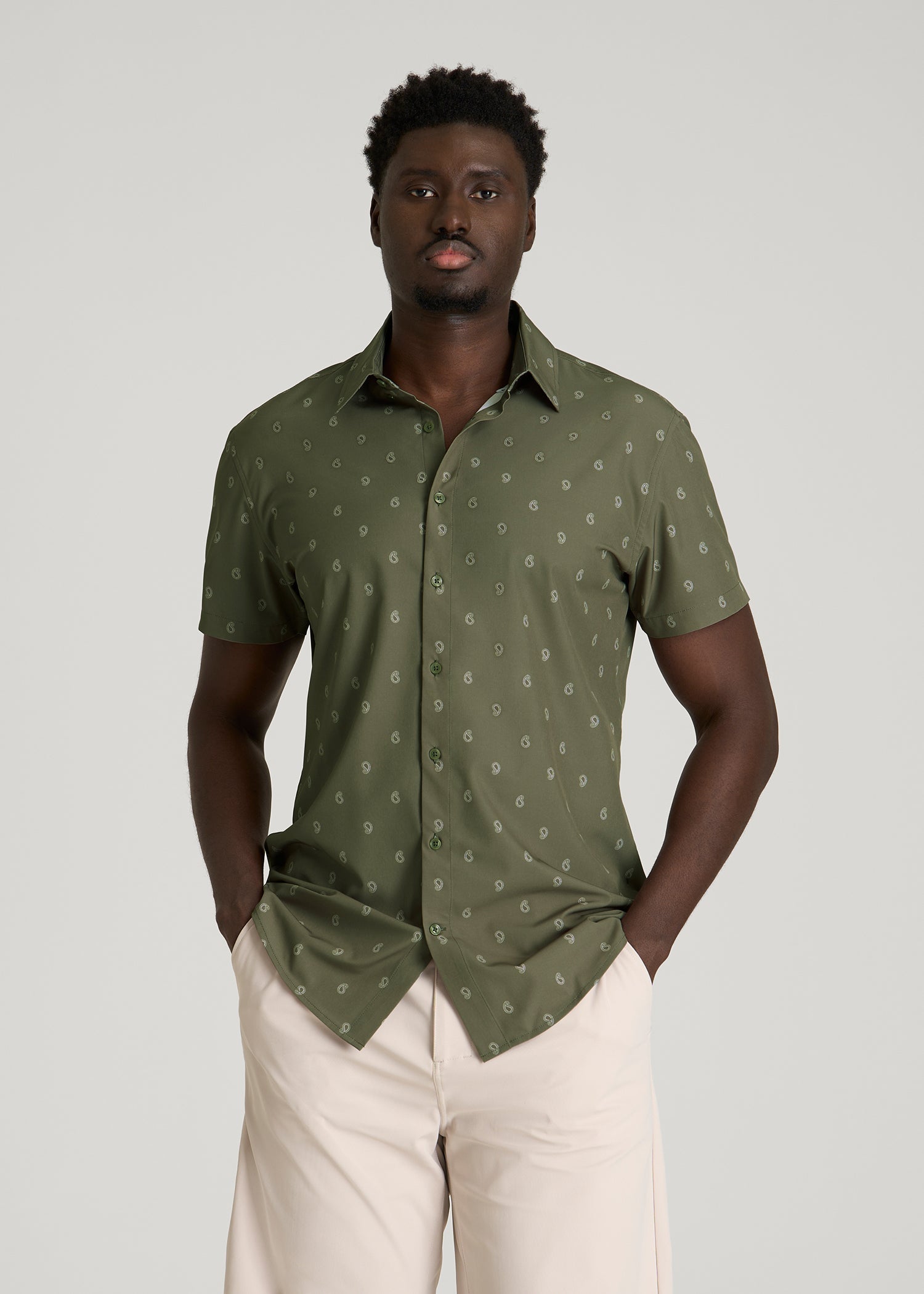 American Tall Sale | Short Sleeve Traveler Stretch Button Shirt for Tall Men in Olive Mini Paisley