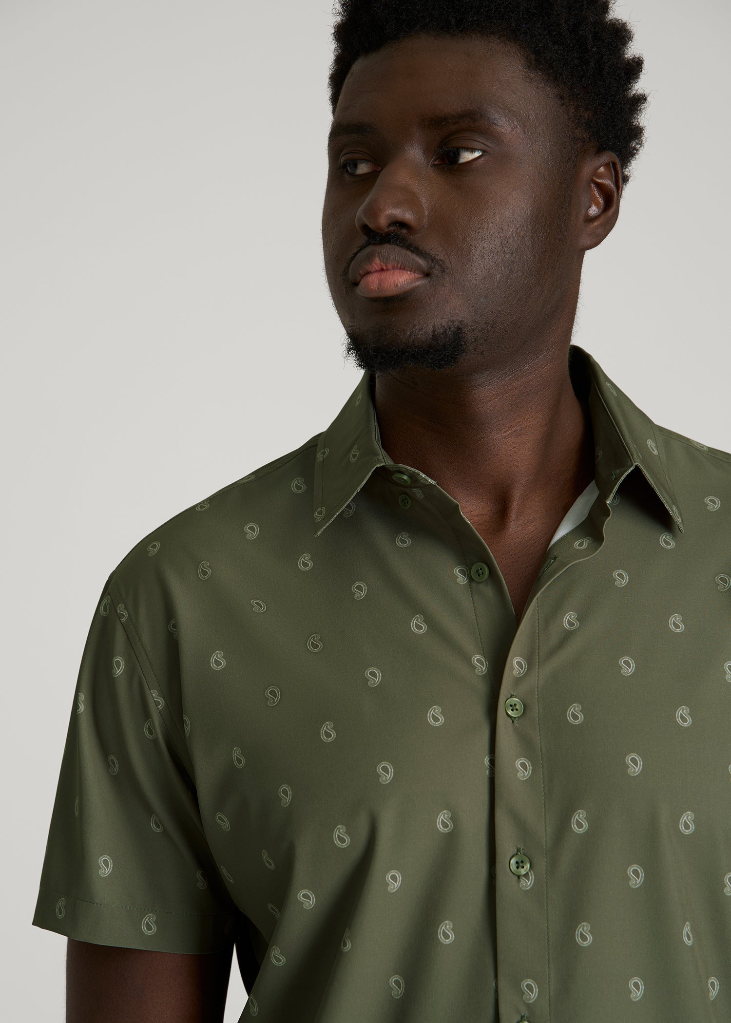 American Tall Sale | Short Sleeve Traveler Stretch Button Shirt for Tall Men in Olive Mini Paisley