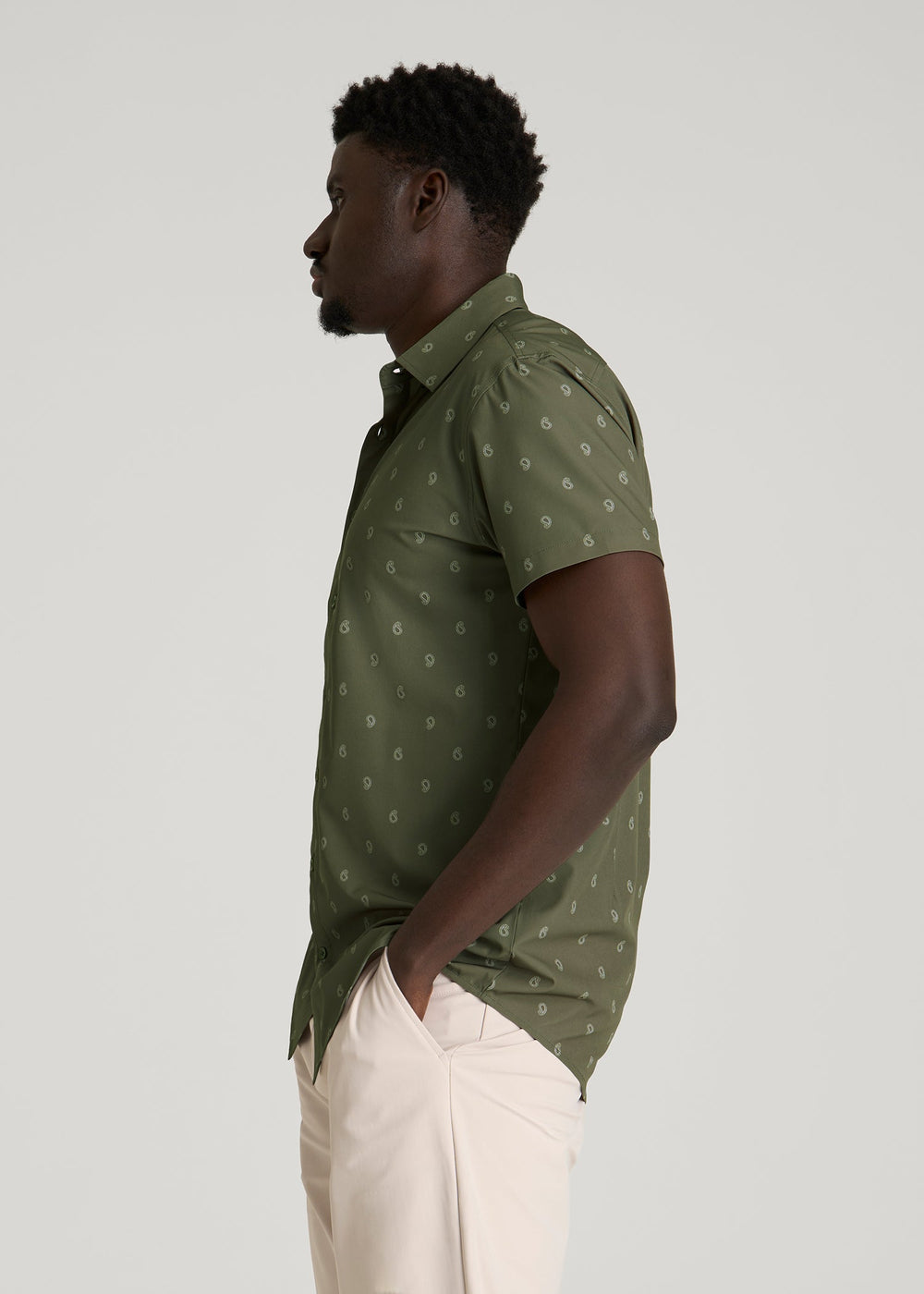 American Tall Sale | Short Sleeve Traveler Stretch Button Shirt for Tall Men in Olive Mini Paisley