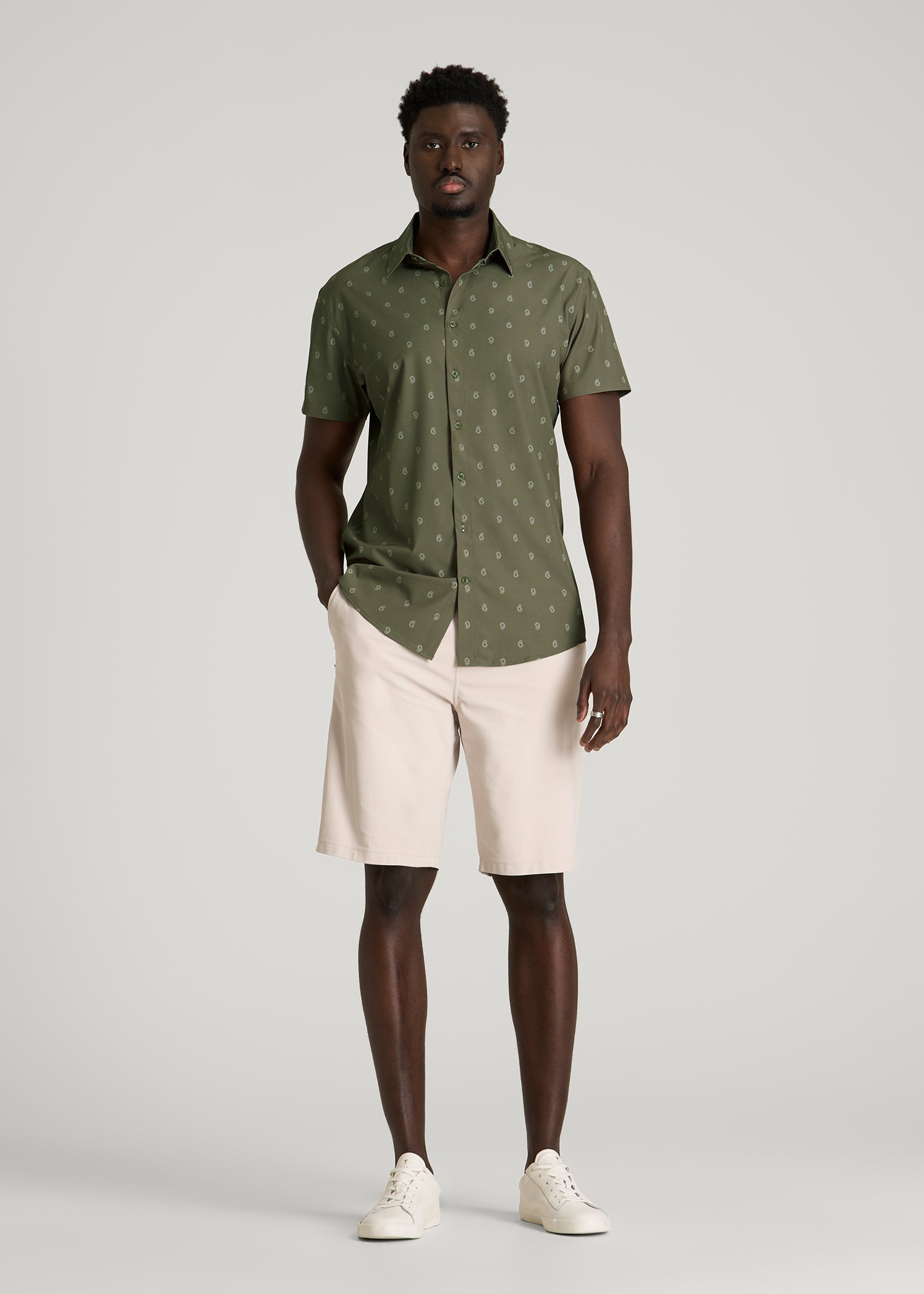 American Tall Sale | Short Sleeve Traveler Stretch Button Shirt for Tall Men in Olive Mini Paisley