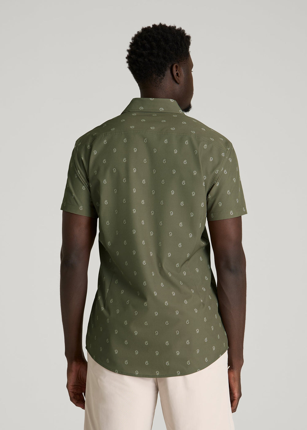 American Tall Sale | Short Sleeve Traveler Stretch Button Shirt for Tall Men in Olive Mini Paisley