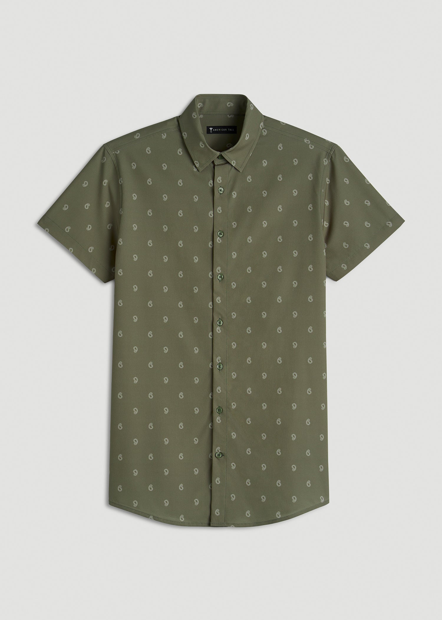 American Tall Sale | Short Sleeve Traveler Stretch Button Shirt for Tall Men in Olive Mini Paisley