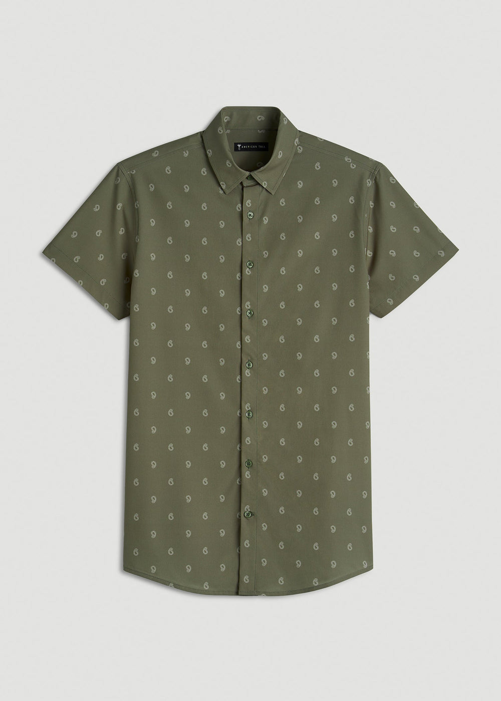 American Tall Sale | Short Sleeve Traveler Stretch Button Shirt for Tall Men in Olive Mini Paisley