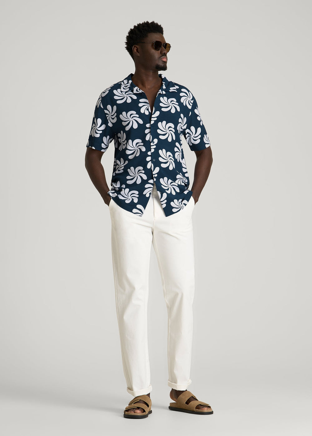 American Tall Discount | Short Sleeve Resort Shirt for Tall Men in Navy Fantasy Floral