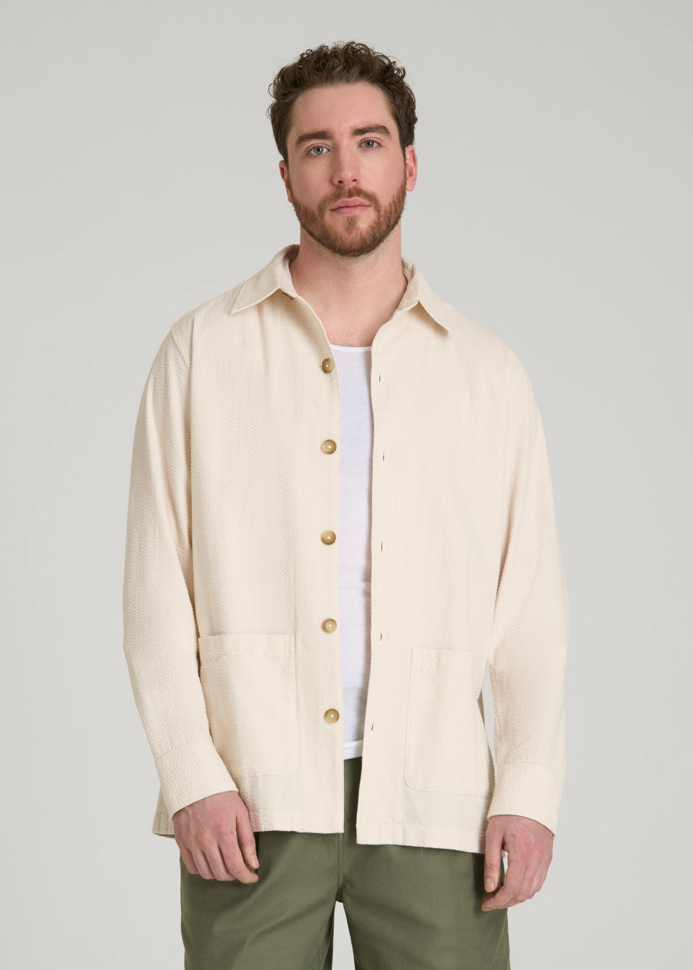 American Tall Discount | Seersucker Overshirt for Tall Men in White Sand