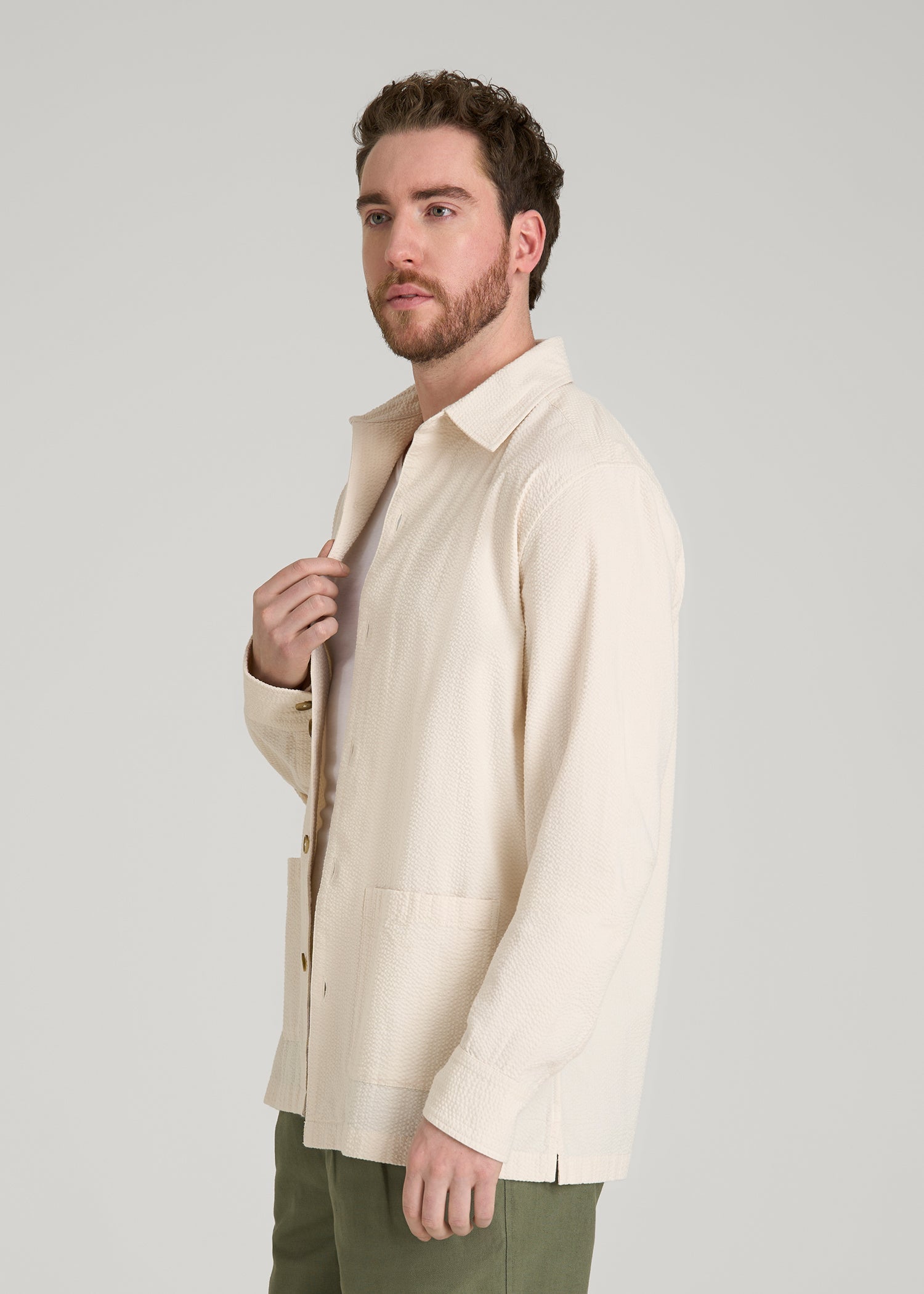 American Tall Discount | Seersucker Overshirt for Tall Men in White Sand