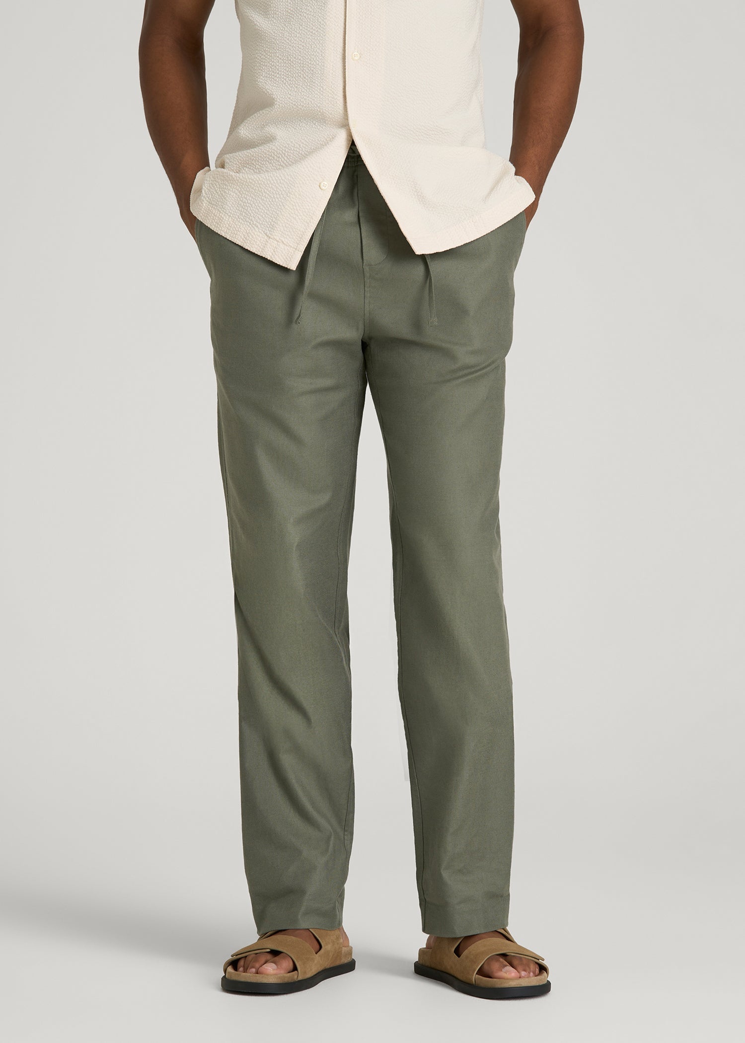 American Tall Sale | Stretch Cotton Linen Blend Pull-On Pants for Tall Men in Olive