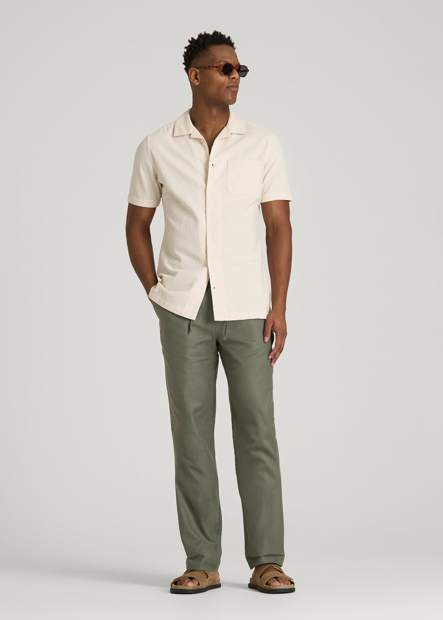American Tall Sale | Stretch Cotton Linen Blend Pull-On Pants for Tall Men in Olive