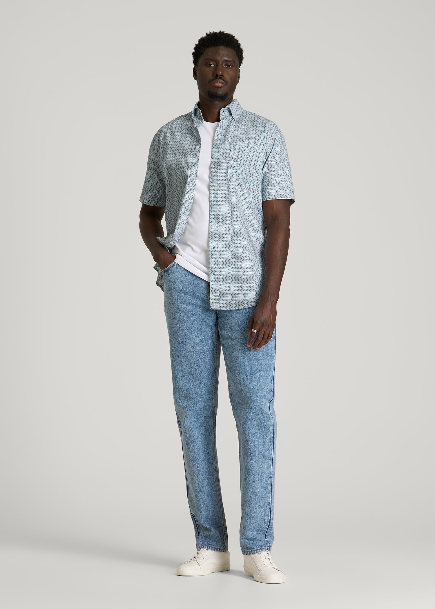 American Tall Discount | Short Sleeve Shirt for Tall Men in Ice Blue Abstract Stripe