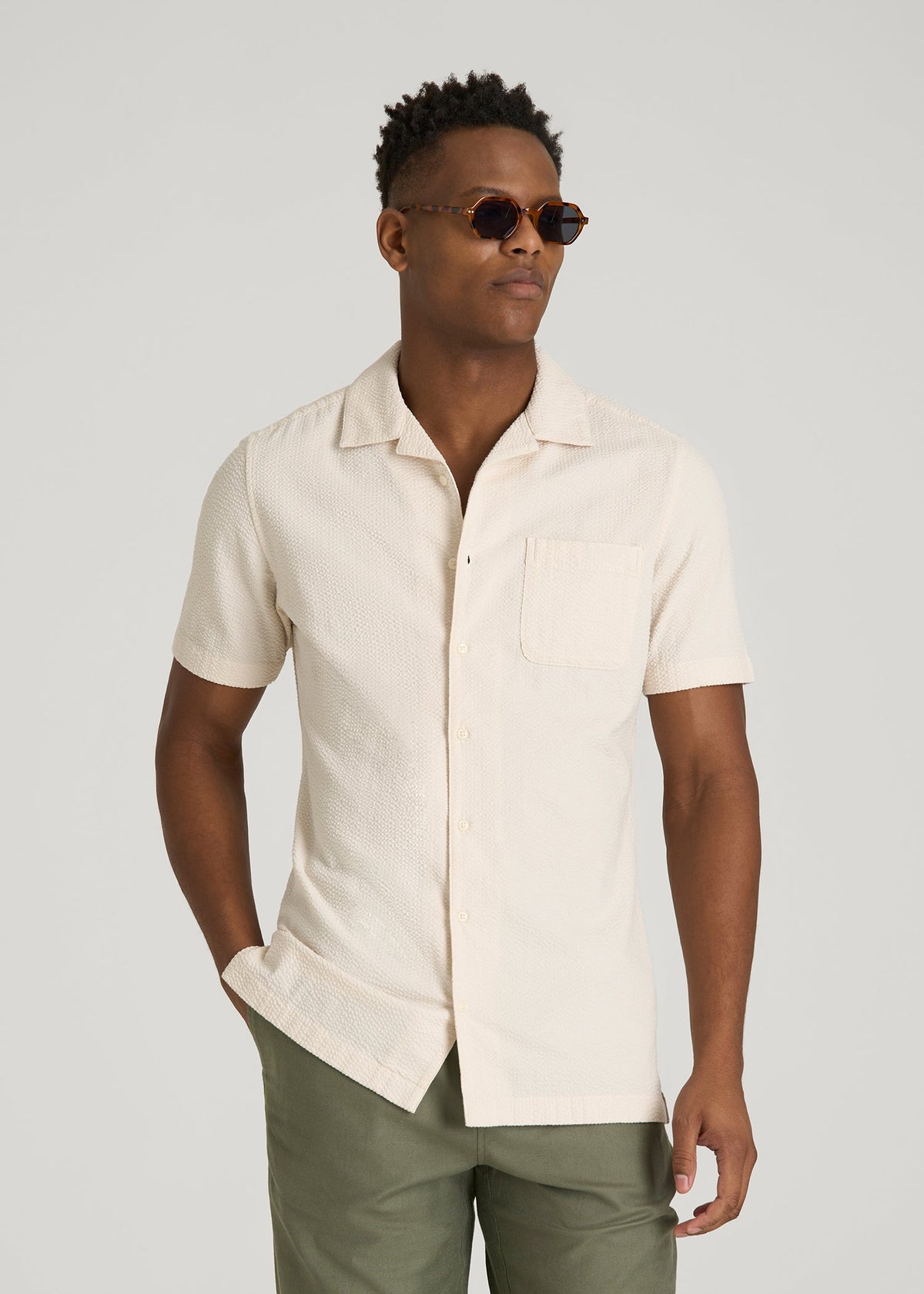 American Tall Sale | Seersucker Camp Collar Short Sleeve Shirt for Tall Men in White Sand