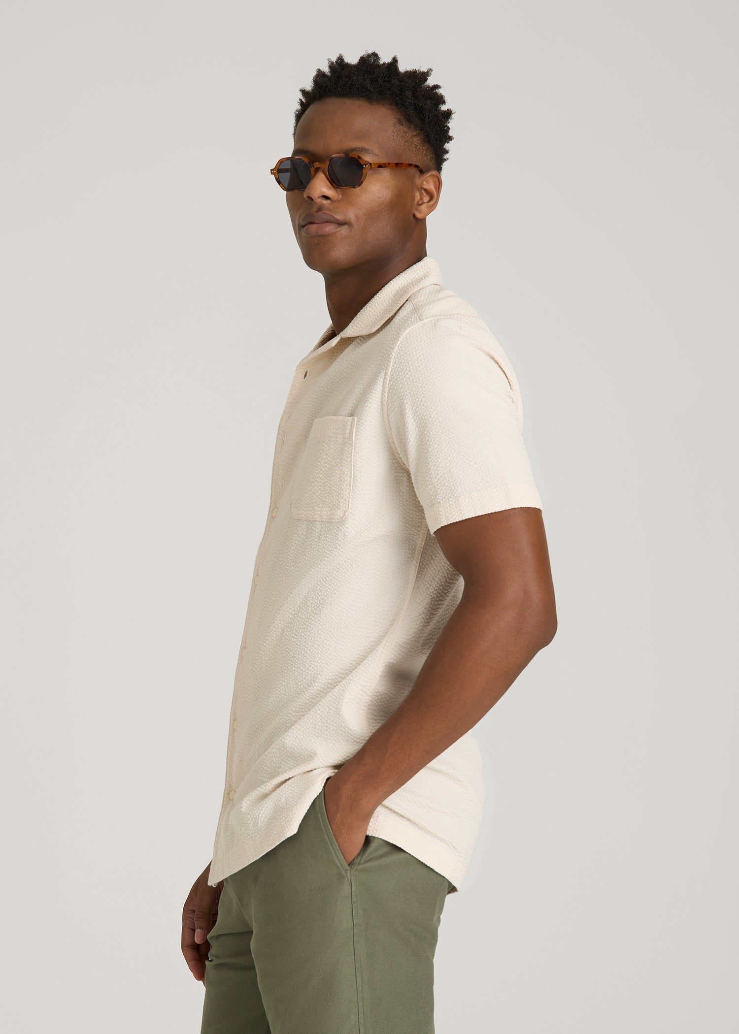 American Tall Sale | Seersucker Camp Collar Short Sleeve Shirt for Tall Men in White Sand