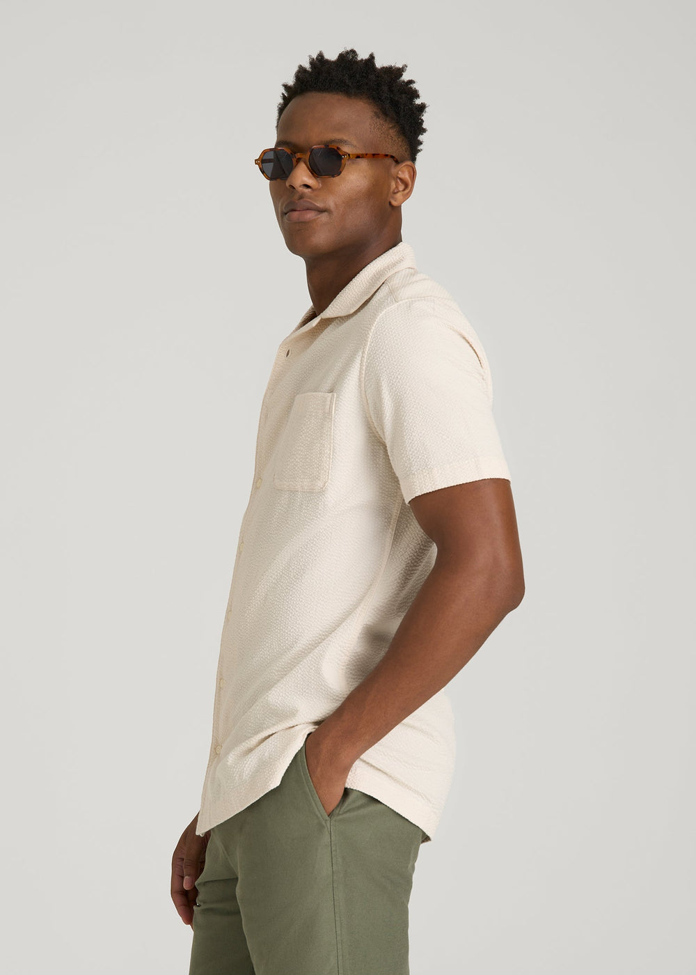American Tall Sale | Seersucker Camp Collar Short Sleeve Shirt for Tall Men in White Sand