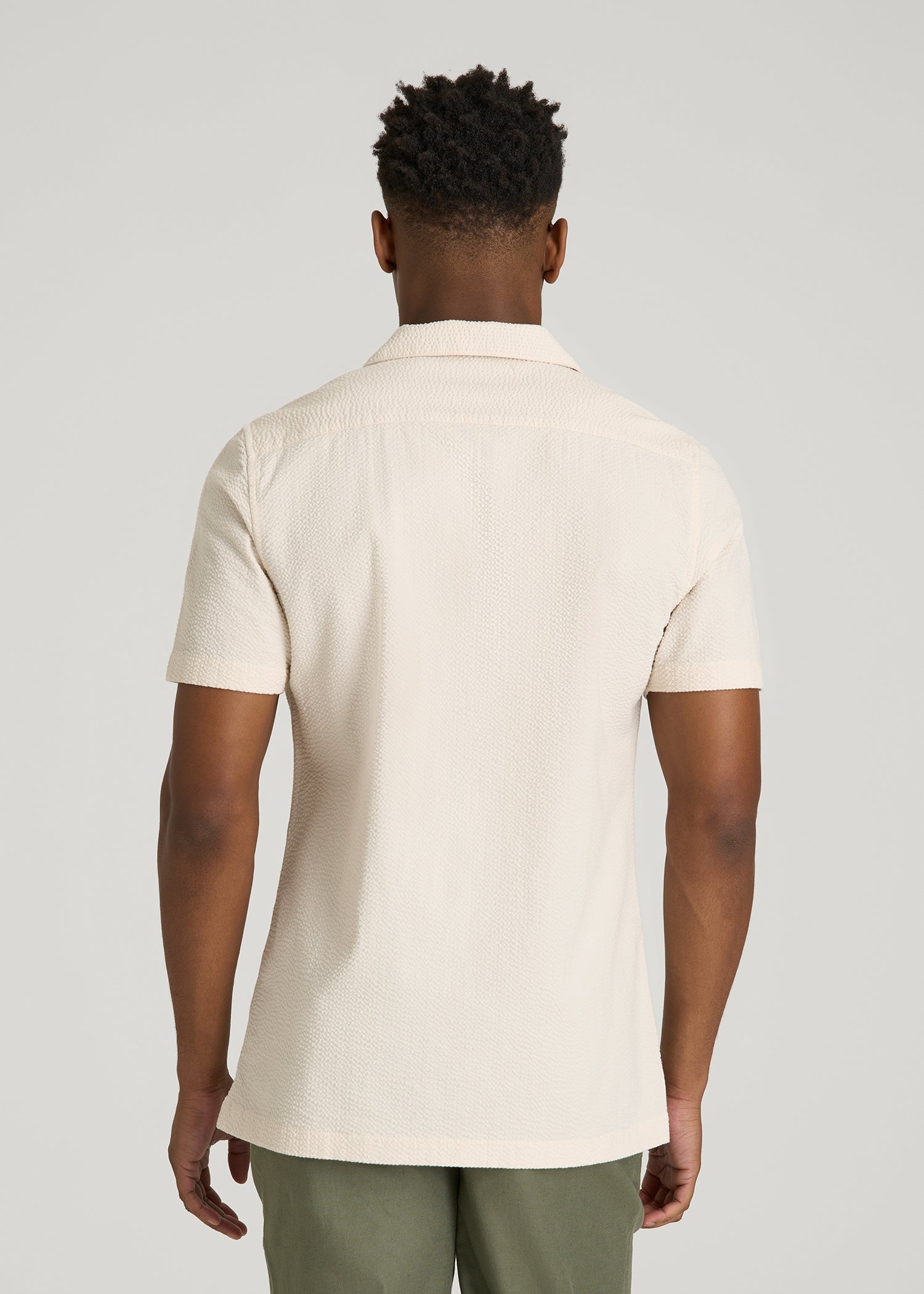 American Tall Sale | Seersucker Camp Collar Short Sleeve Shirt for Tall Men in White Sand