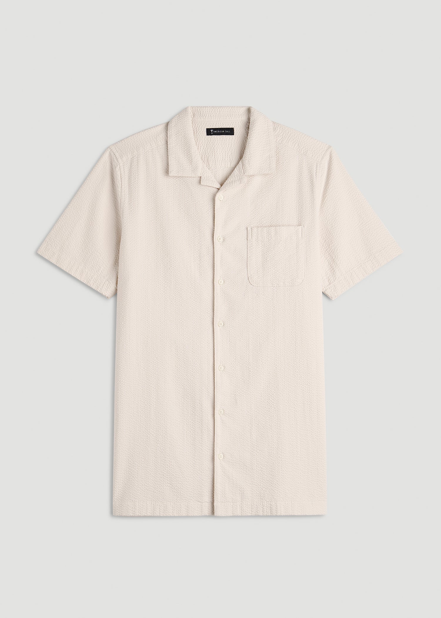 American Tall Sale | Seersucker Camp Collar Short Sleeve Shirt for Tall Men in White Sand