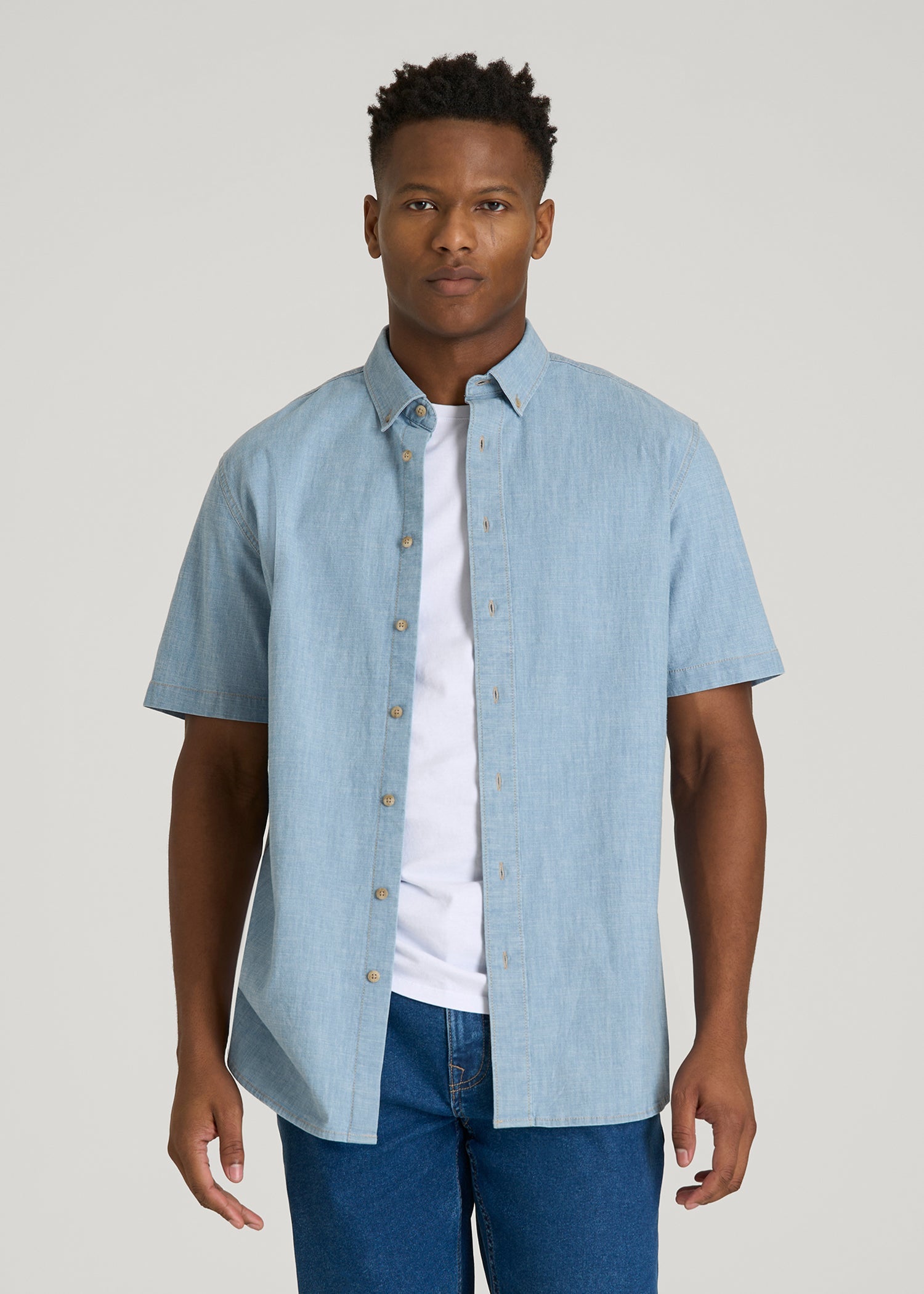 American Tall Sale | Short Sleeve Chambray Shirt for Tall Men in Light Blue Chambray