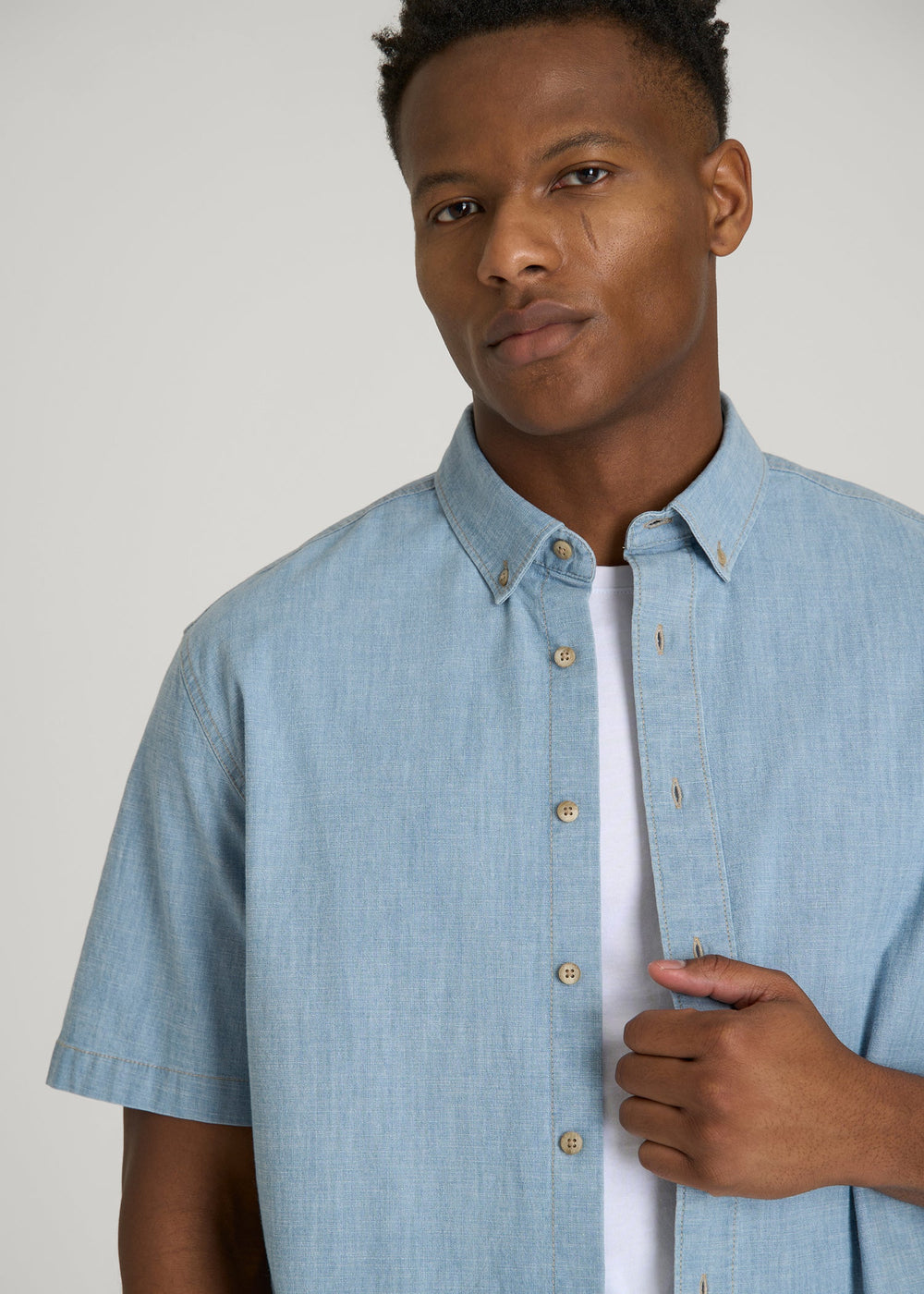 American Tall Sale | Short Sleeve Chambray Shirt for Tall Men in Light Blue Chambray