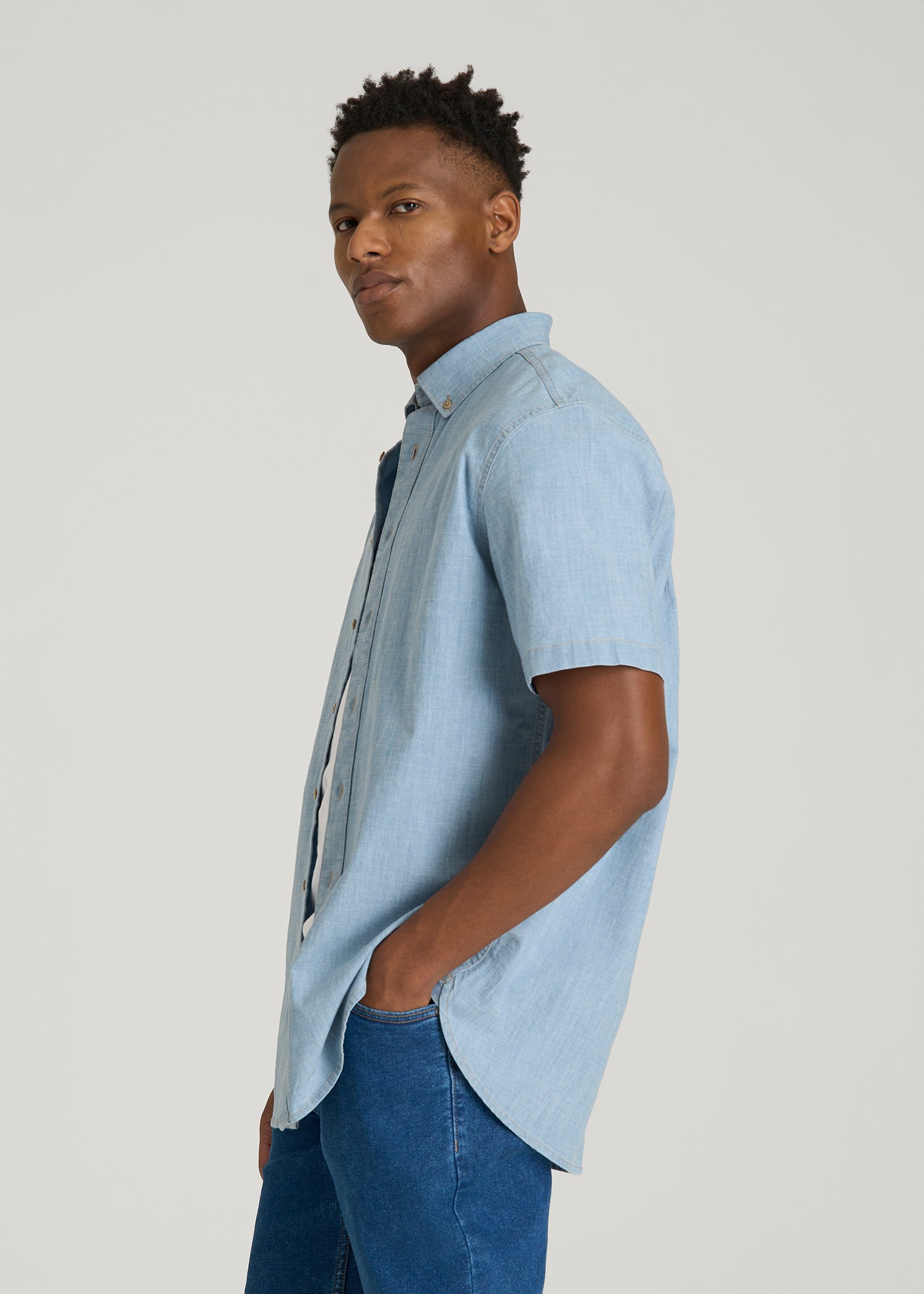 American Tall Sale | Short Sleeve Chambray Shirt for Tall Men in Light Blue Chambray