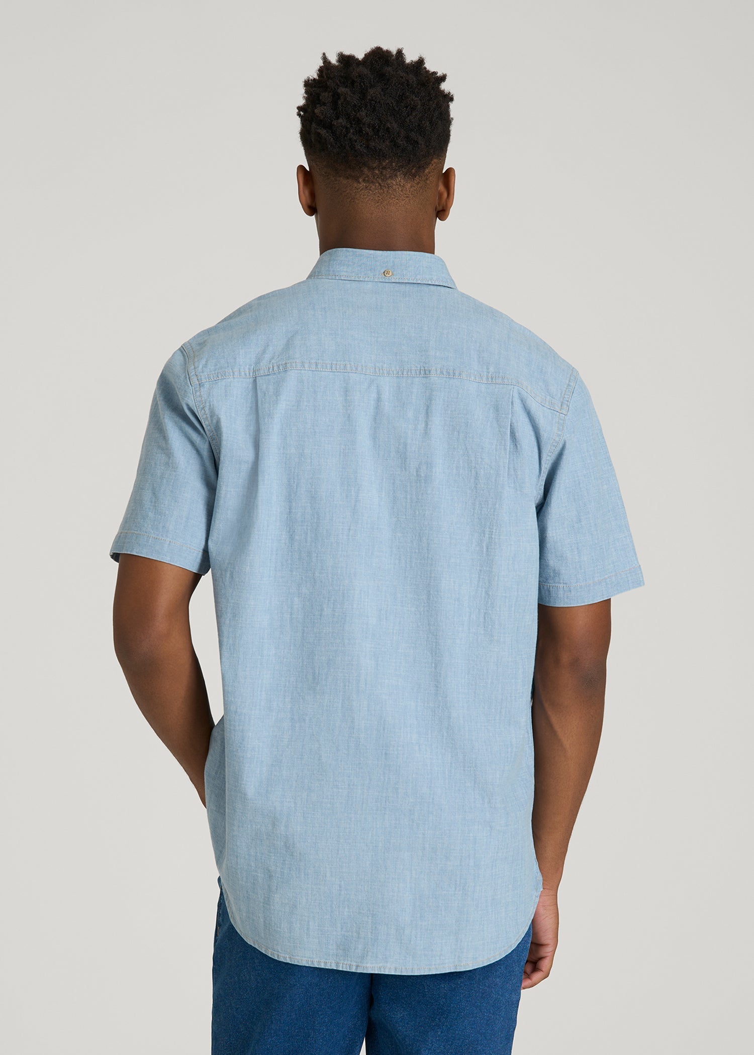 American Tall Sale | Short Sleeve Chambray Shirt for Tall Men in Light Blue Chambray