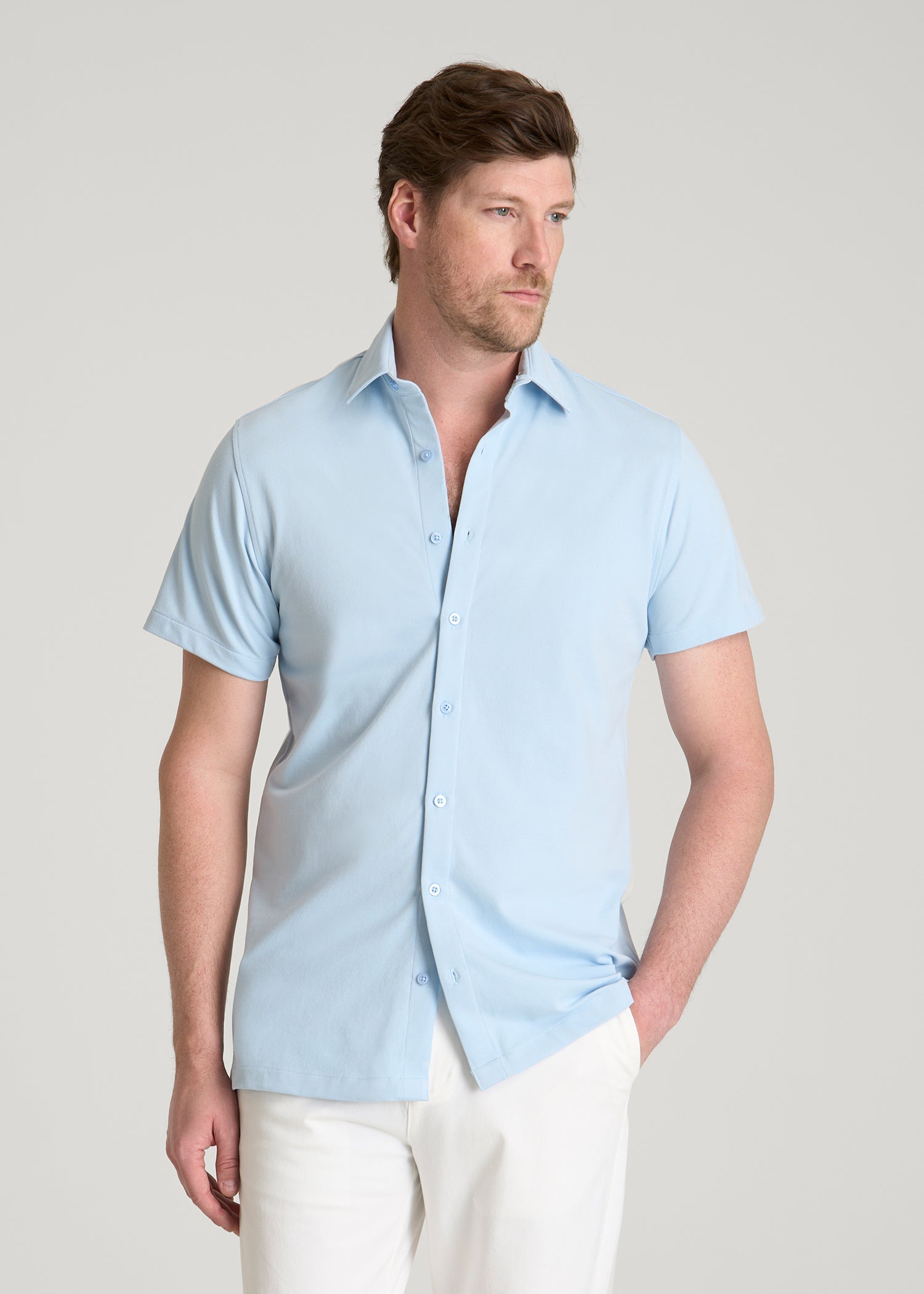 American Tall Outlet | Pique Knit Stretch Short Sleeve Shirt for Tall Men in Ice Blue