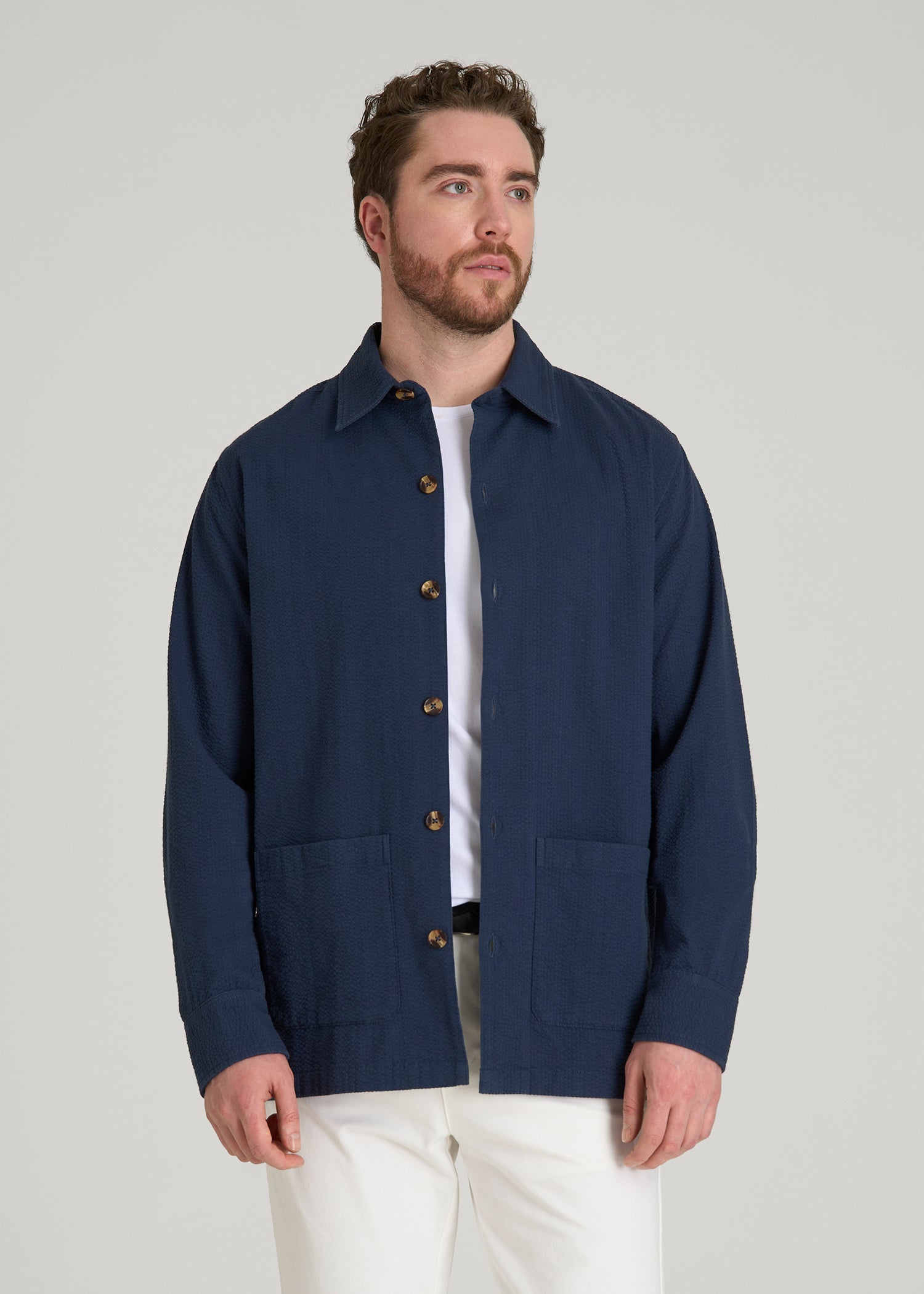 American Tall For Sale | Seersucker Overshirt for Tall Men in Navy Blue