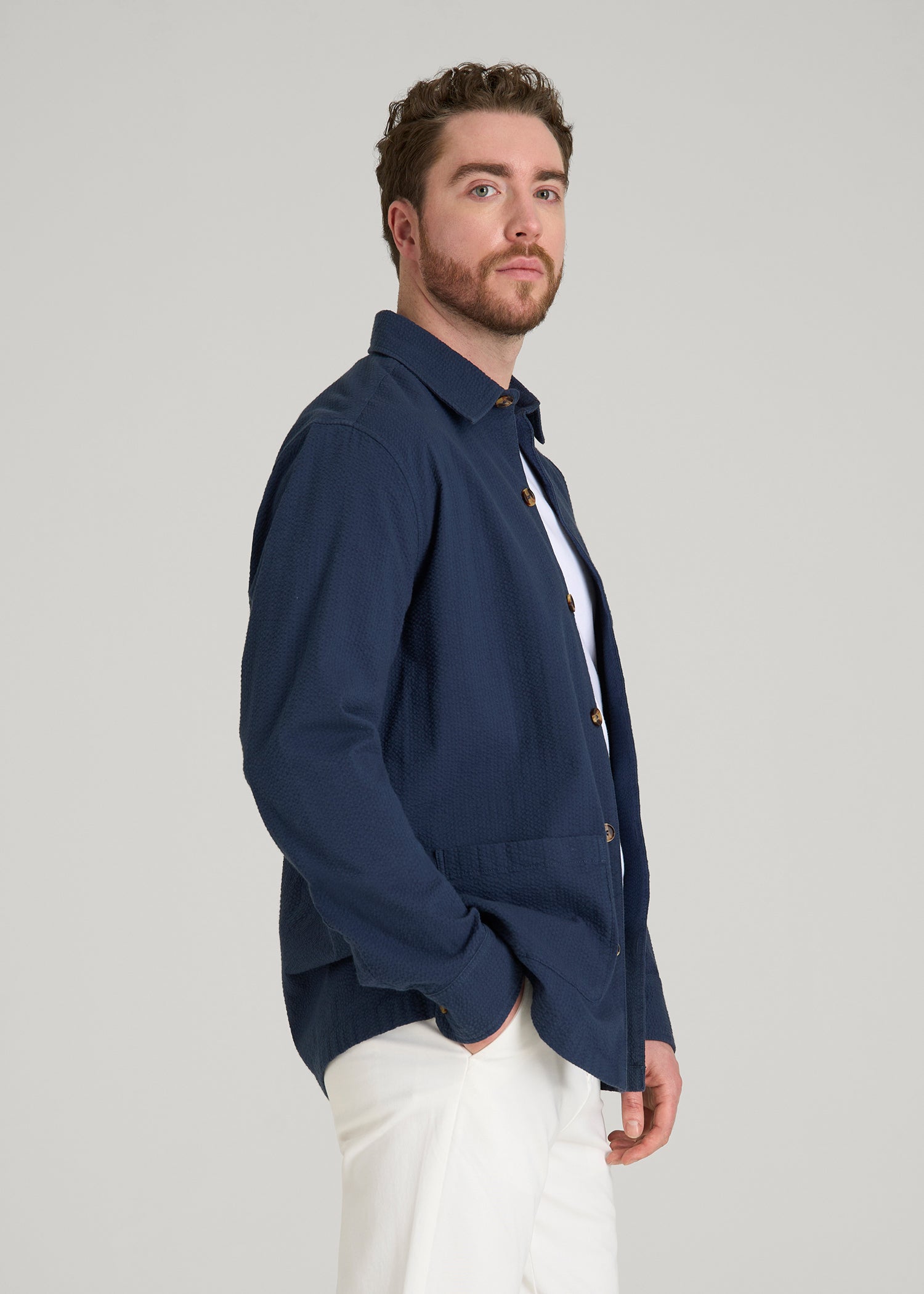 American Tall For Sale | Seersucker Overshirt for Tall Men in Navy Blue