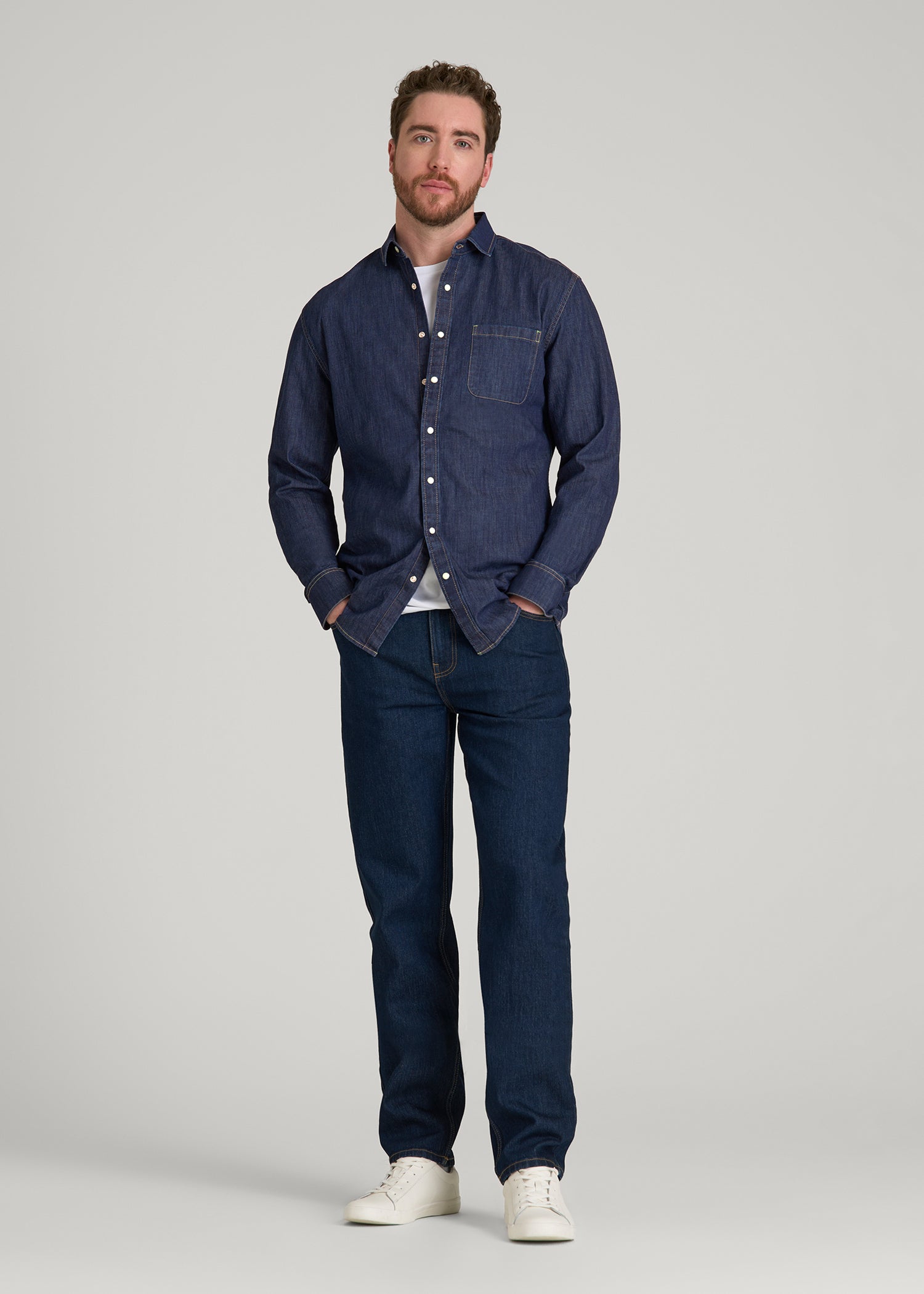 American Tall Online Shop | Classic Stretch Denim Shirt for Tall Men in Deep Indigo