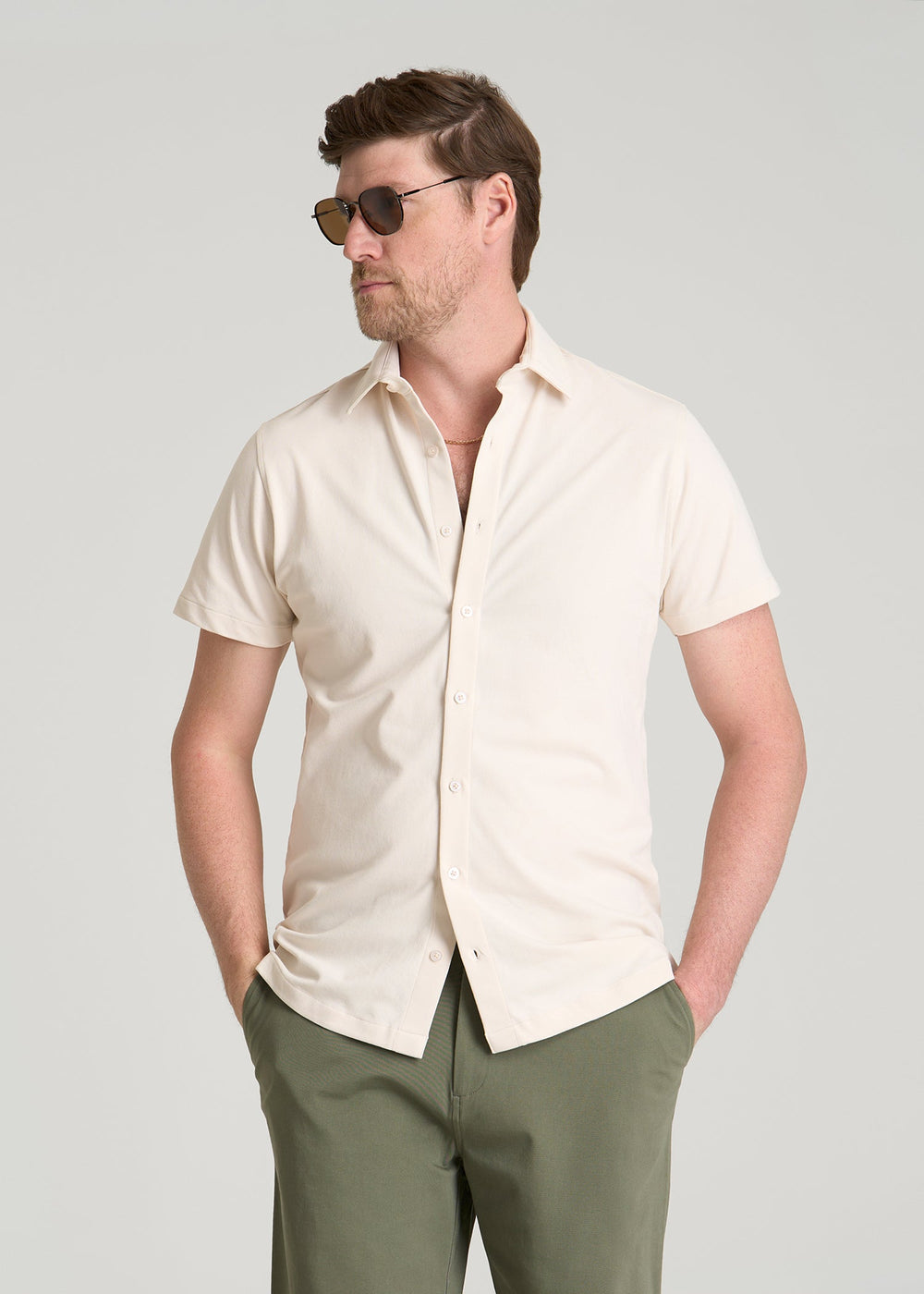 American Tall Discount | Pique Knit Stretch Short Sleeve Shirt for Tall Men in White Sand