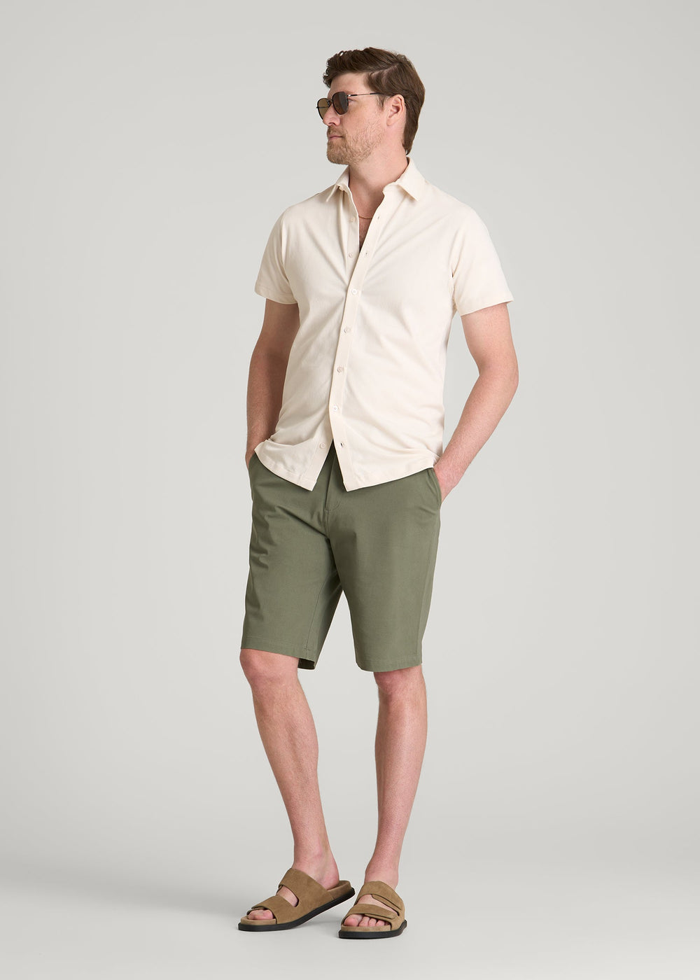 American Tall Discount | Pique Knit Stretch Short Sleeve Shirt for Tall Men in White Sand