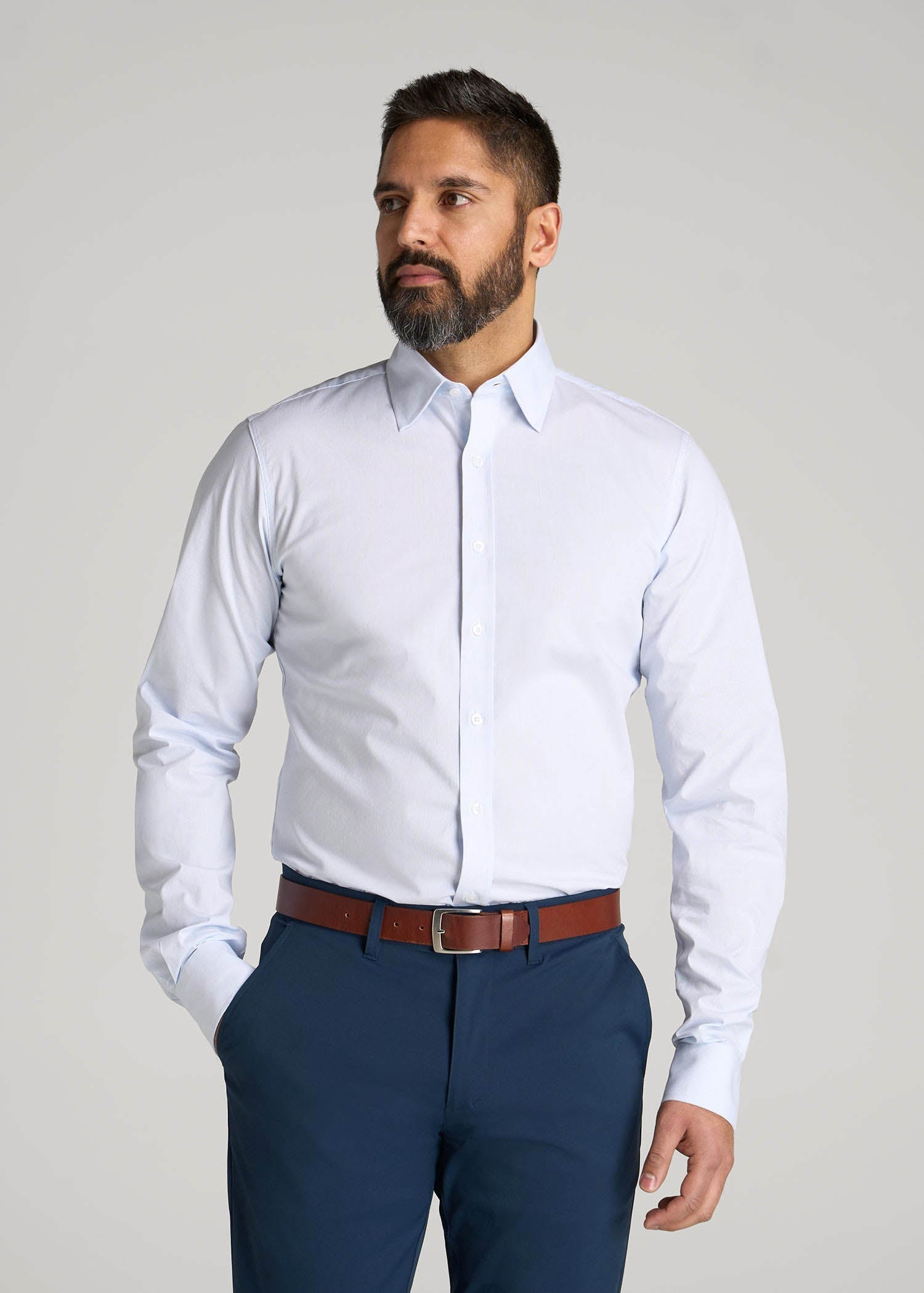 American Tall Outlet | Oskar Easy Care Dress Shirt for Tall Men in Blue Mini Stripe