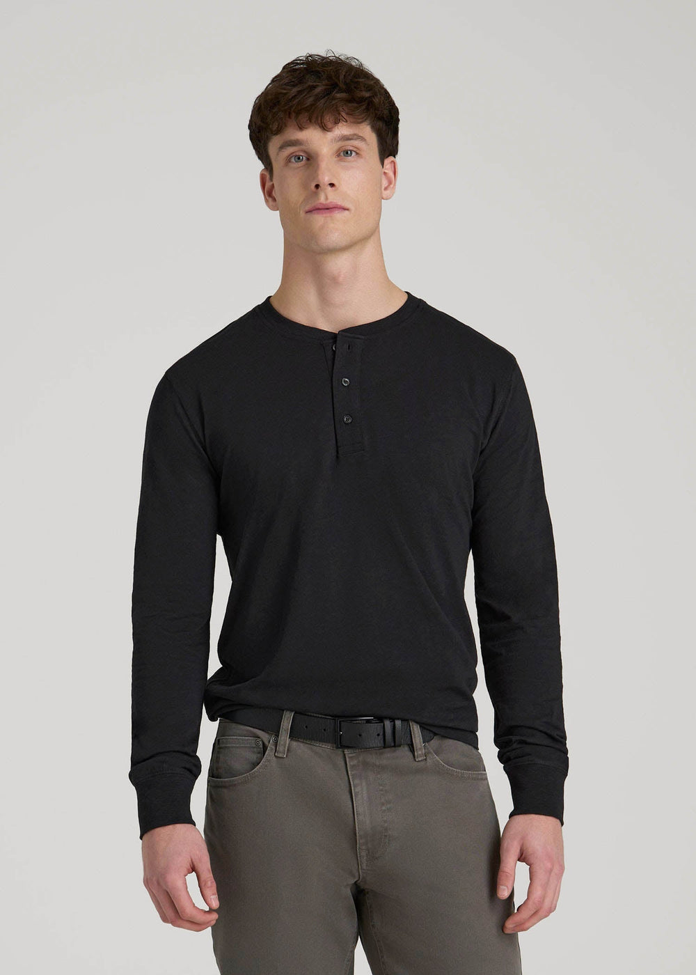 American Tall Online Shop | Three-Button Long Sleeve Slub Henley for Tall Men in Black