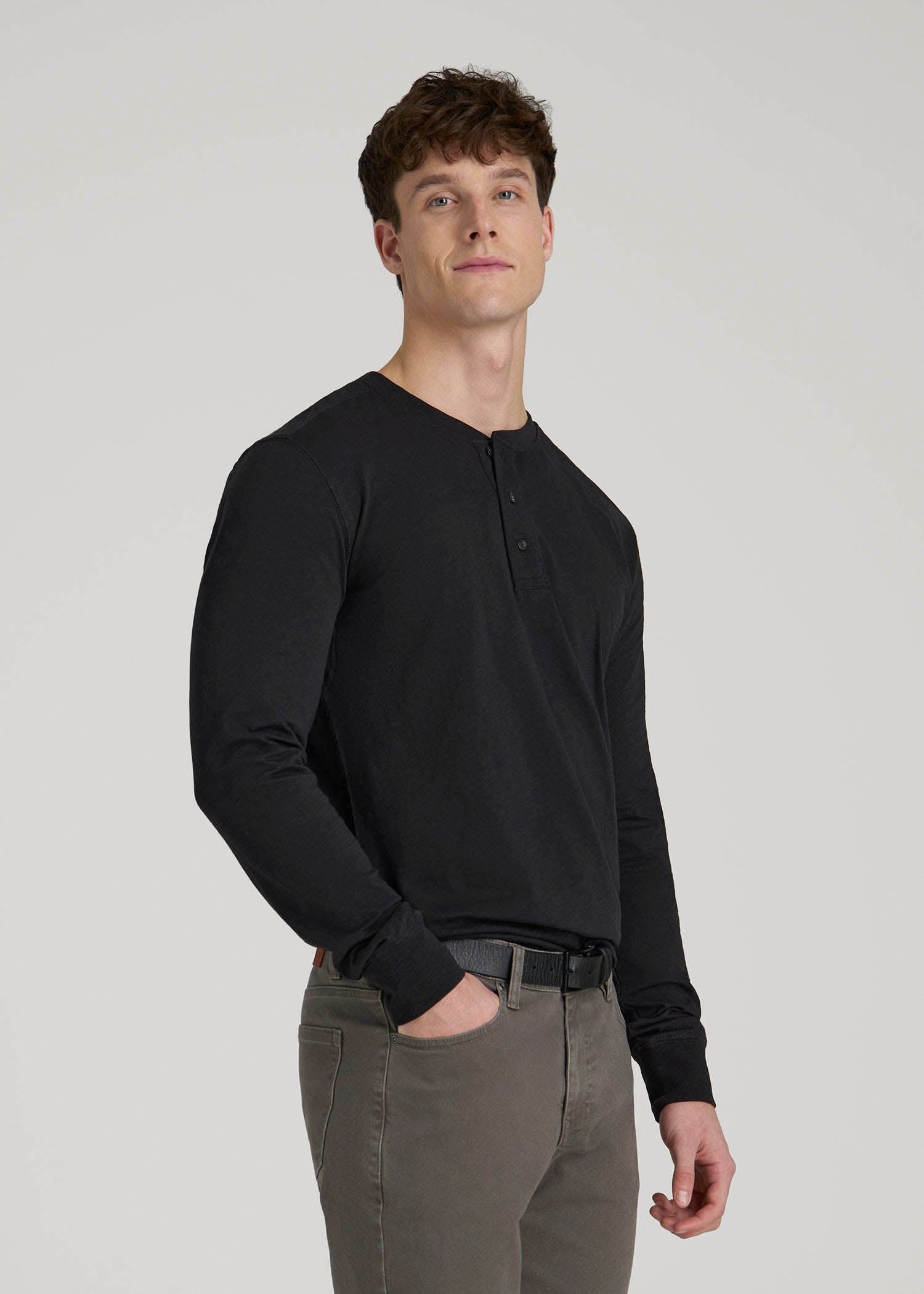American Tall Online Shop | Three-Button Long Sleeve Slub Henley for Tall Men in Black