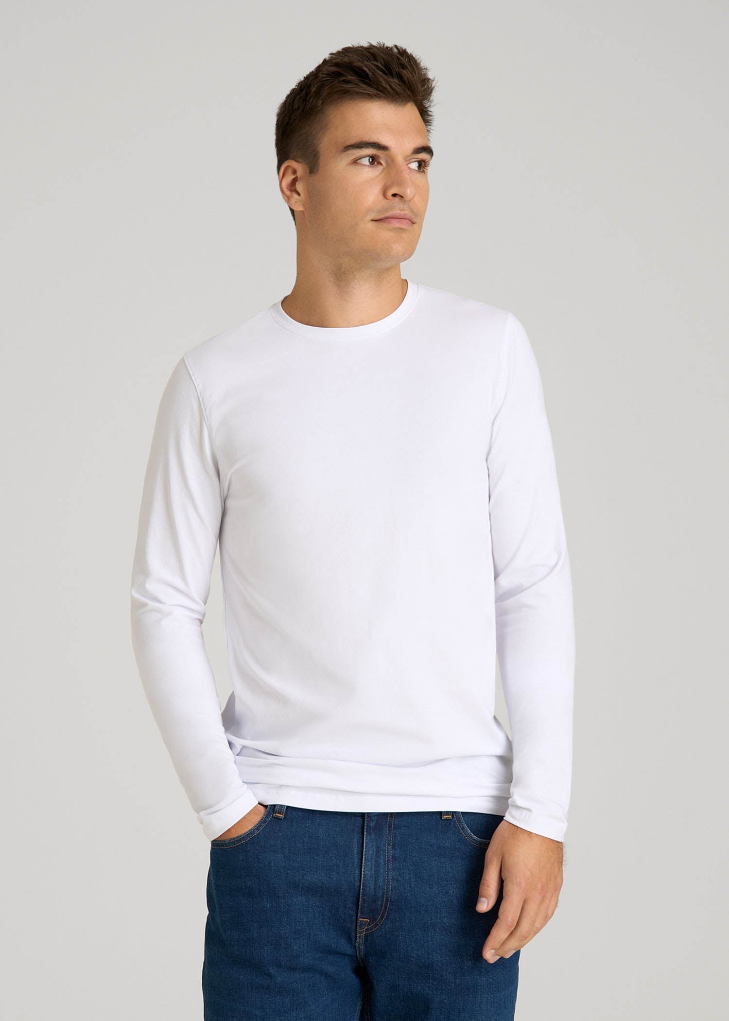 American Tall For Sale | The Essential Modern Fit Crewneck Long Sleeve Tee for Tall Men in White