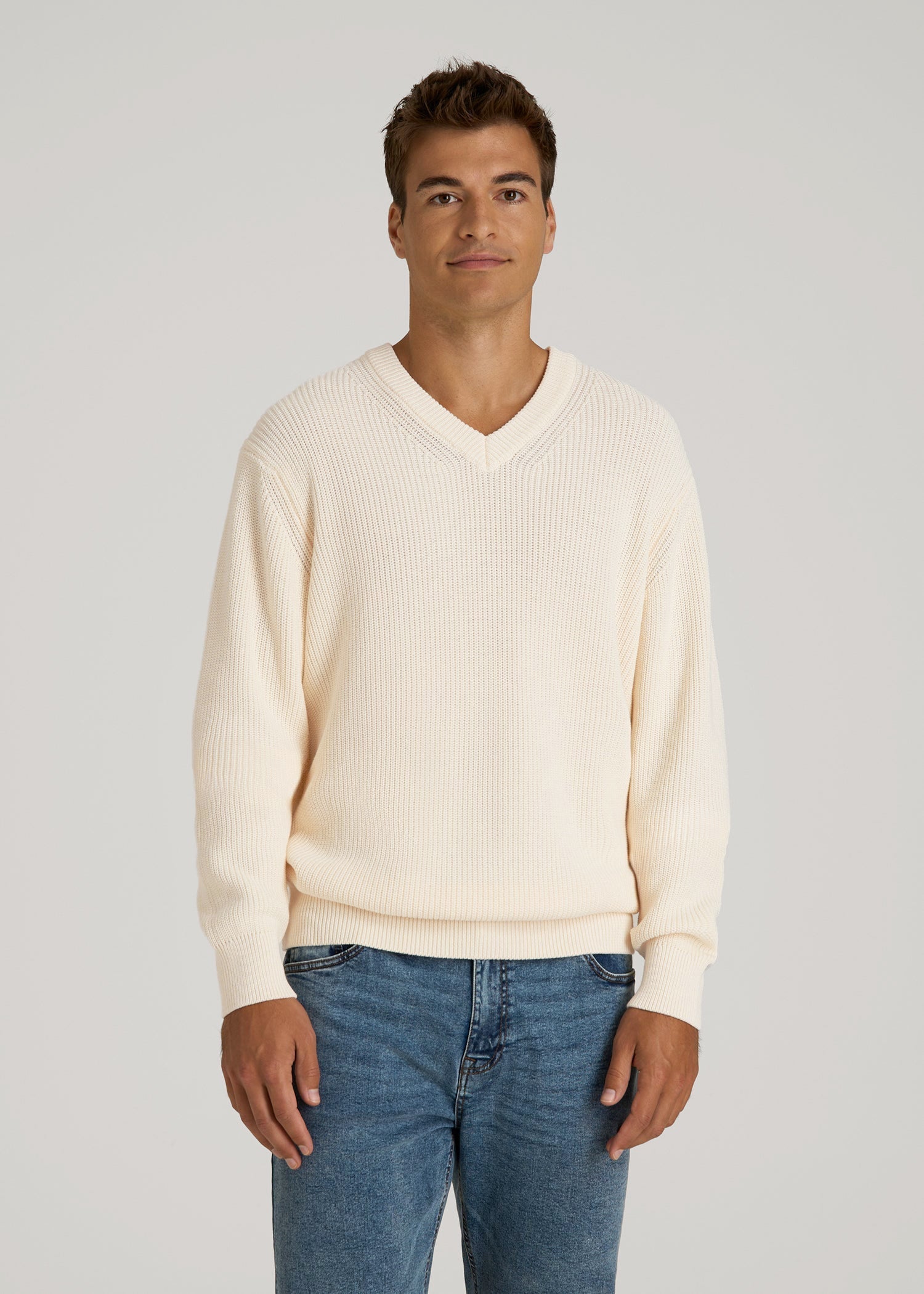 American Tall Sale | Ribbed Knit V-Neck Sweater for Tall Men in Natural
