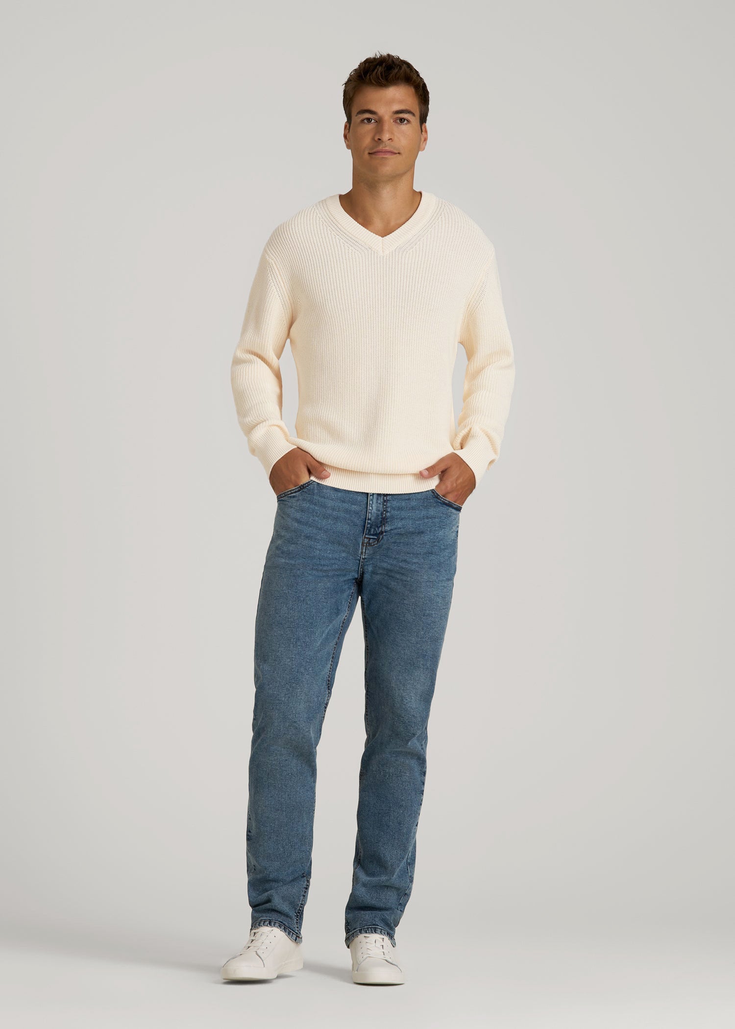 American Tall Sale | Ribbed Knit V-Neck Sweater for Tall Men in Natural