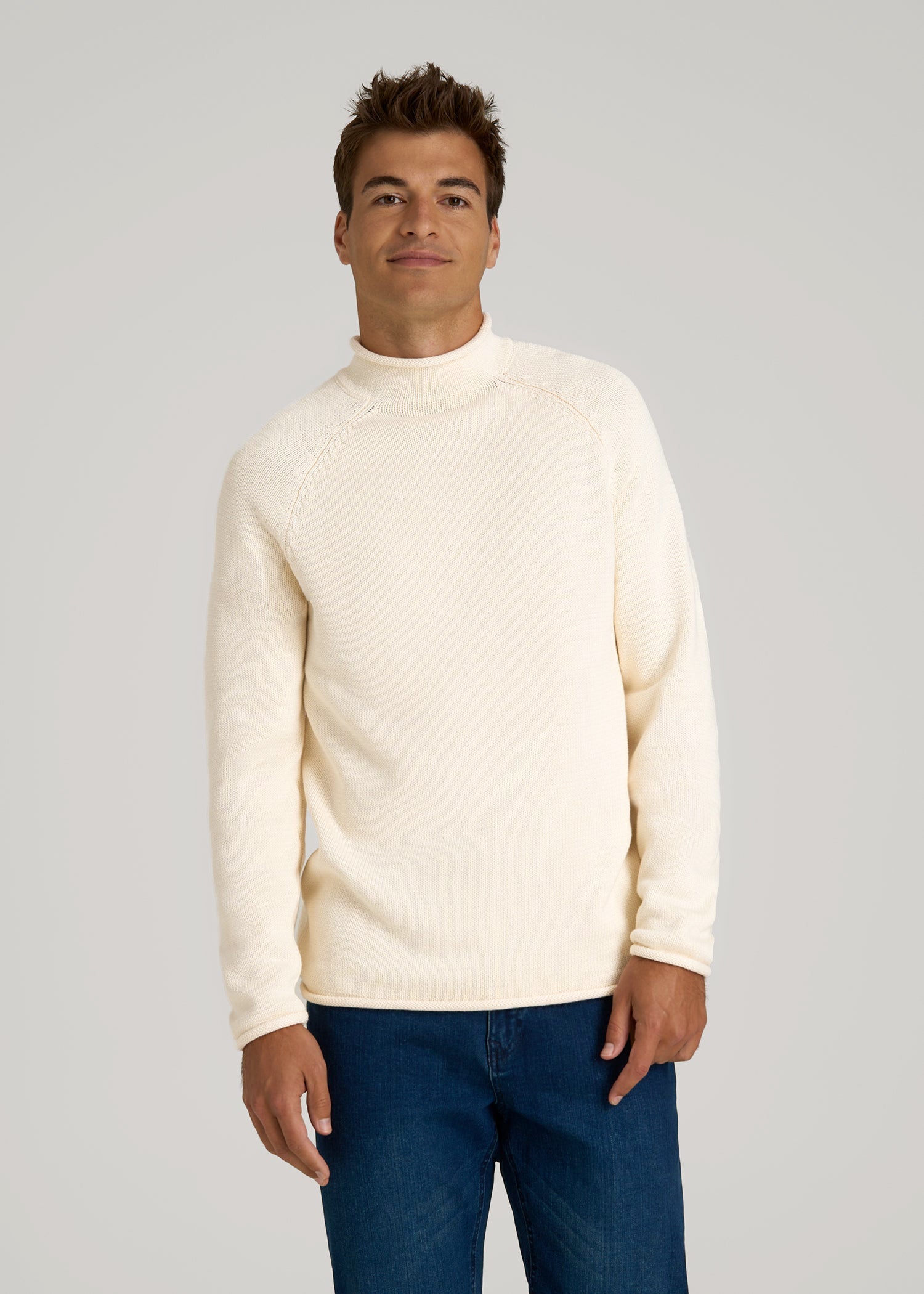 American Tall Online | Fisherman Knit Rolled Mock Neck Sweater for Tall Men in Natural