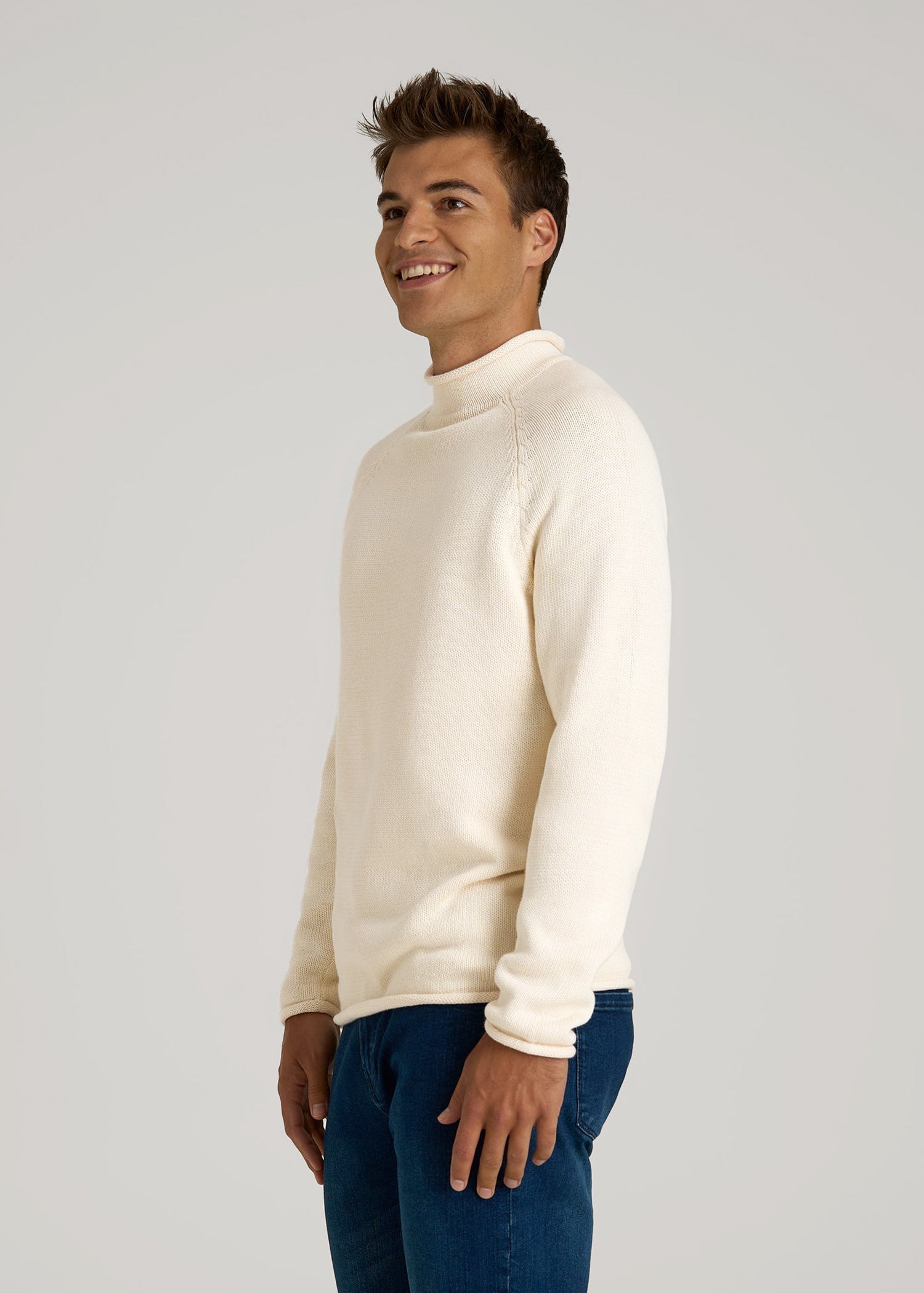 American Tall Online | Fisherman Knit Rolled Mock Neck Sweater for Tall Men in Natural