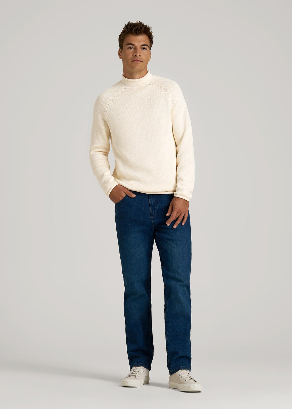 American Tall Online | Fisherman Knit Rolled Mock Neck Sweater for Tall Men in Natural