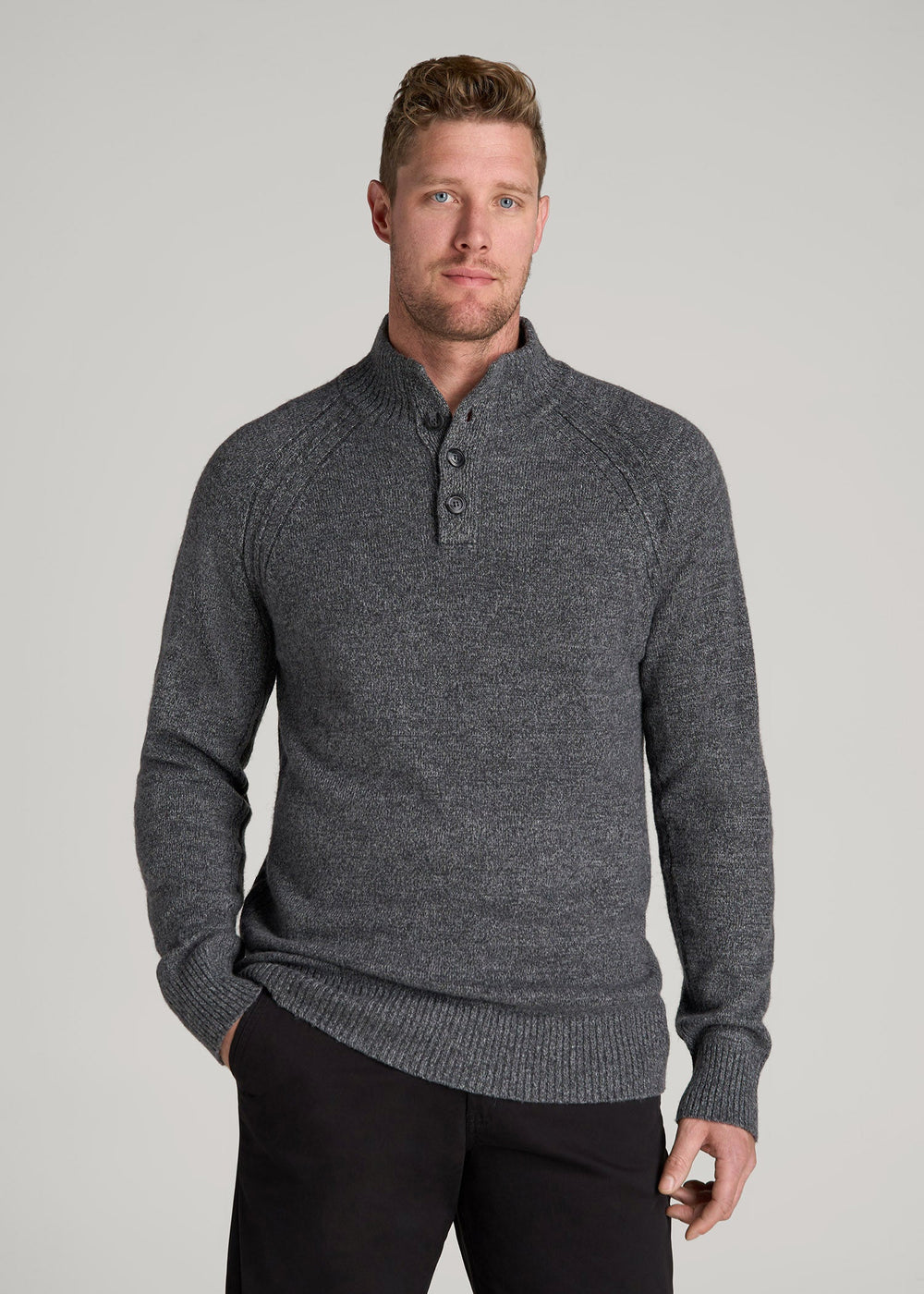 American Tall Sale | Three-Button Mock Neck Sweater for Tall Men in Grey Marl
