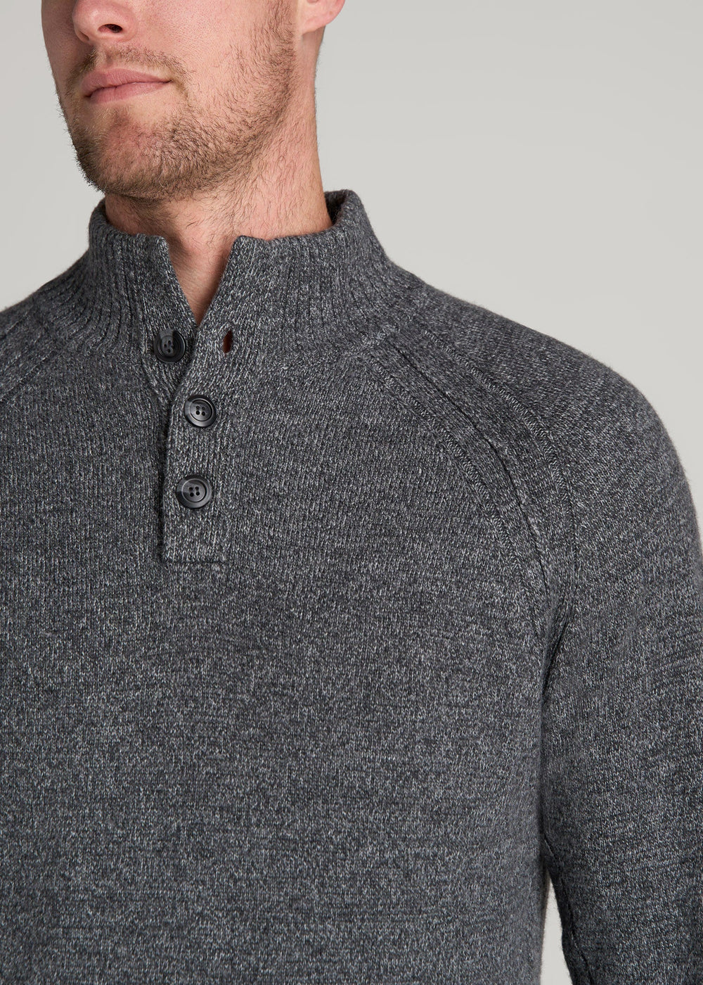 American Tall Sale | Three-Button Mock Neck Sweater for Tall Men in Grey Marl