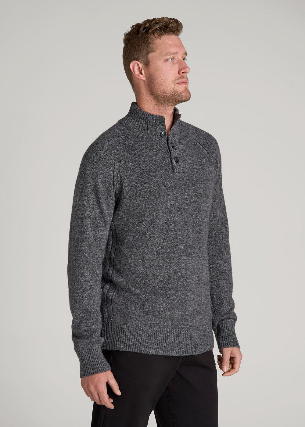 American Tall Sale | Three-Button Mock Neck Sweater for Tall Men in Grey Marl