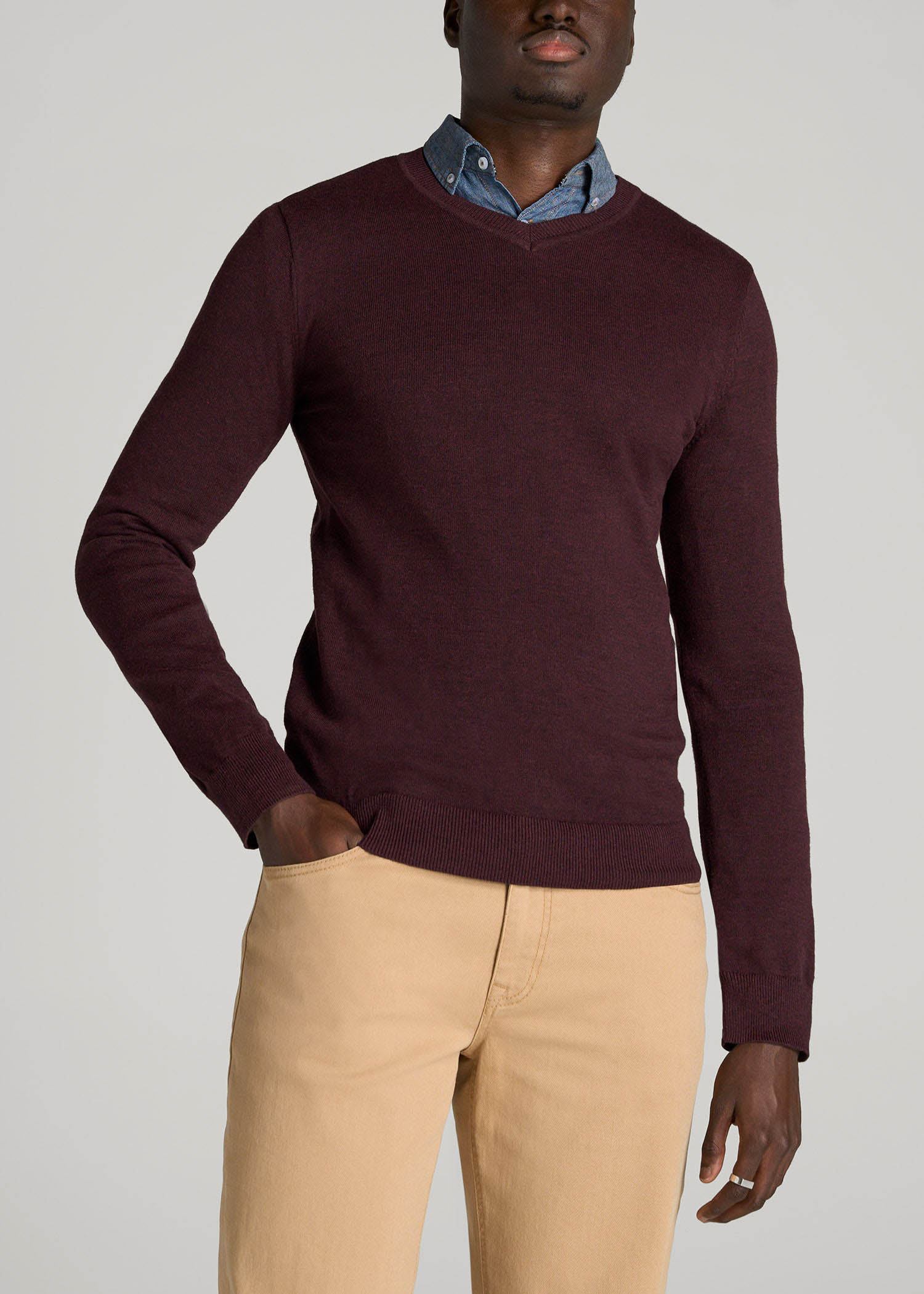 American Tall Sale | Everyday V-Neck Sweater for Tall Men in Burgundy Mix